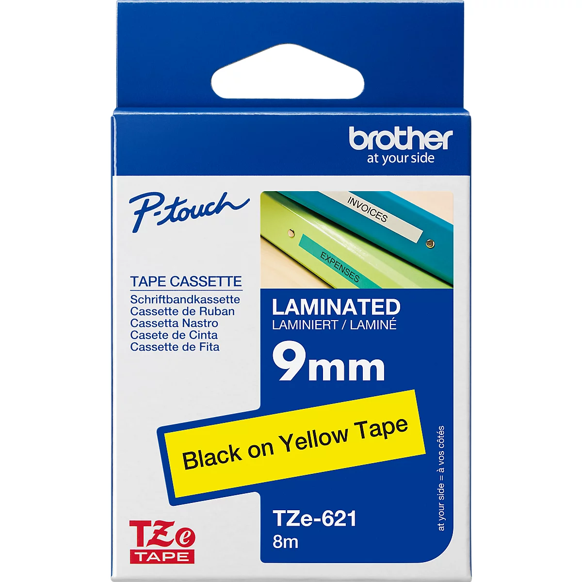 Yellow and black labeling cassette for Brother P-Touch label printers. Labeling: 9 mm, black on yellow tape.