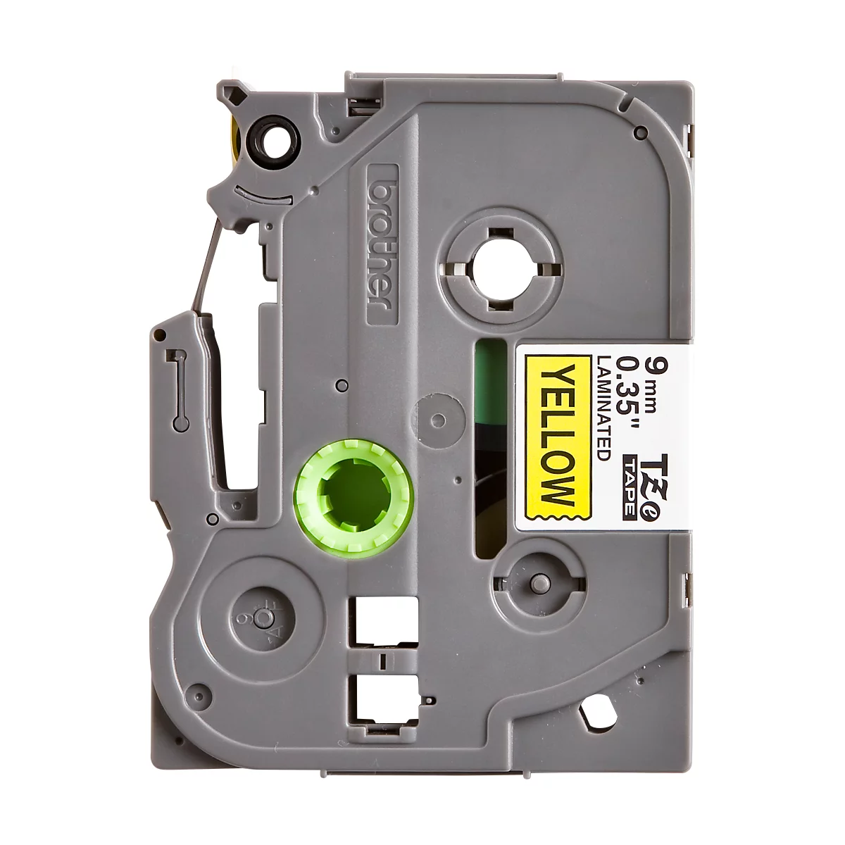 A yellow and gray label cassette from the Brother brand. Printed: 9 mm, yellow, laminated.