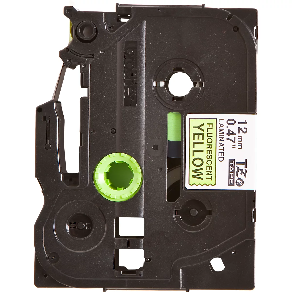 Black label cassette with yellow label "FLUORESCENT YELLOW". Inscription: "12mm 0.47" LAMINATED TZe TAPE".
