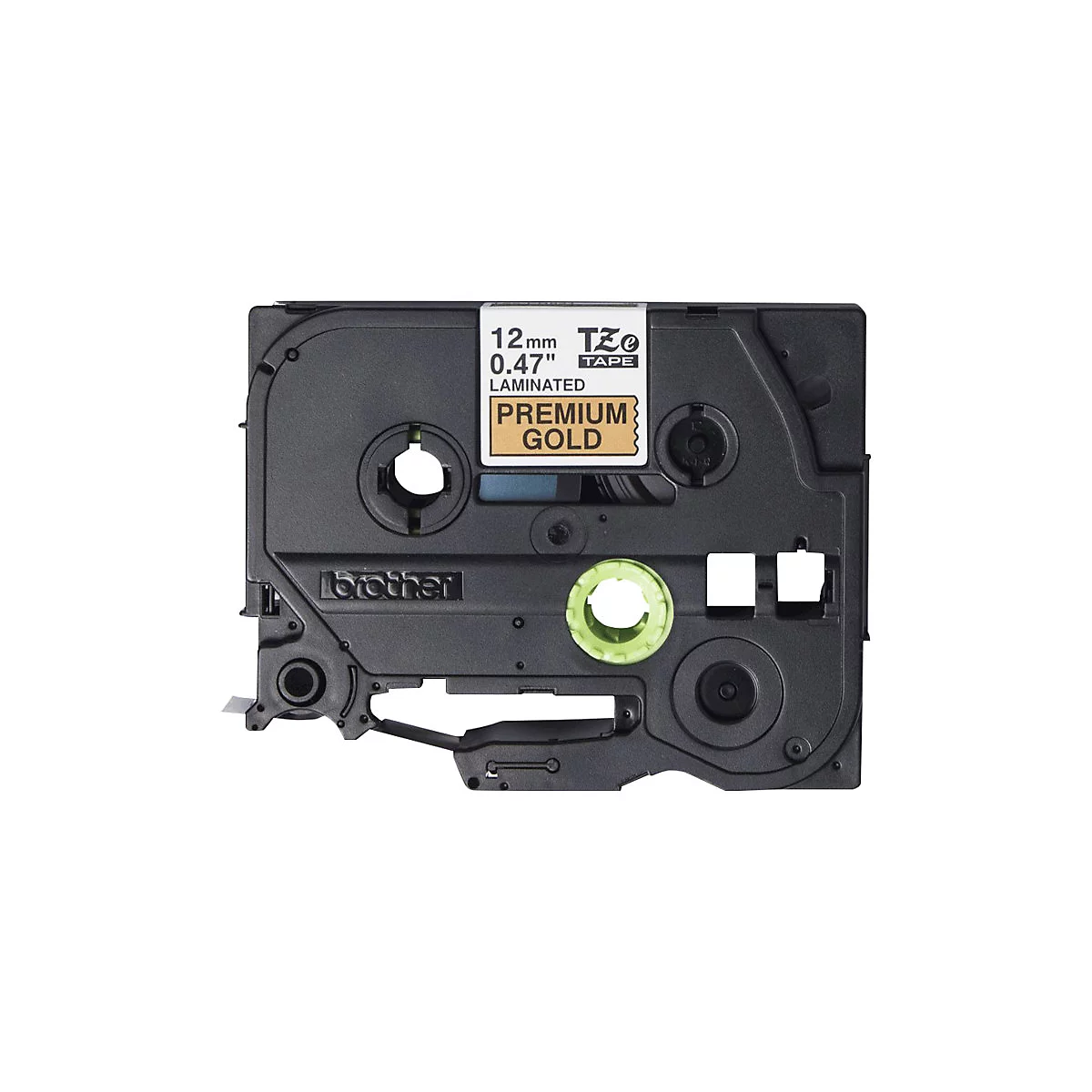 Schwarze Beschriftungskassette mit weißem und goldenem Schriftzug. Aufschrift: "Premium Gold" und "TZe Tape".