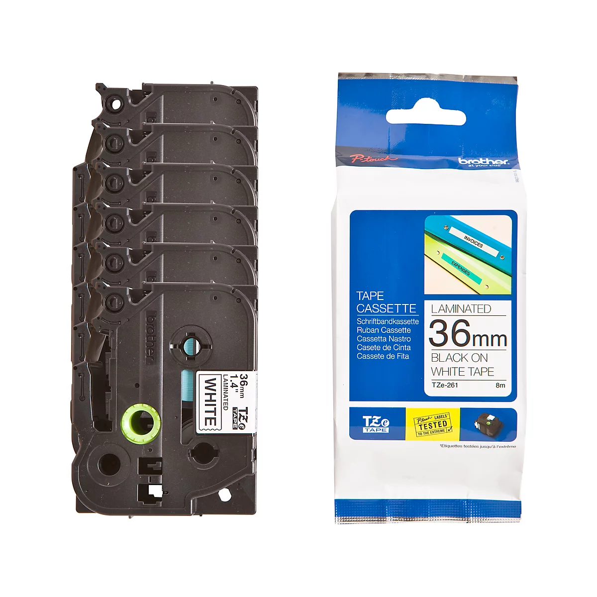 Verschillende zwarte labelcassettes aan de linkerkant. Rechts een witte verpakking met productinformatie.
