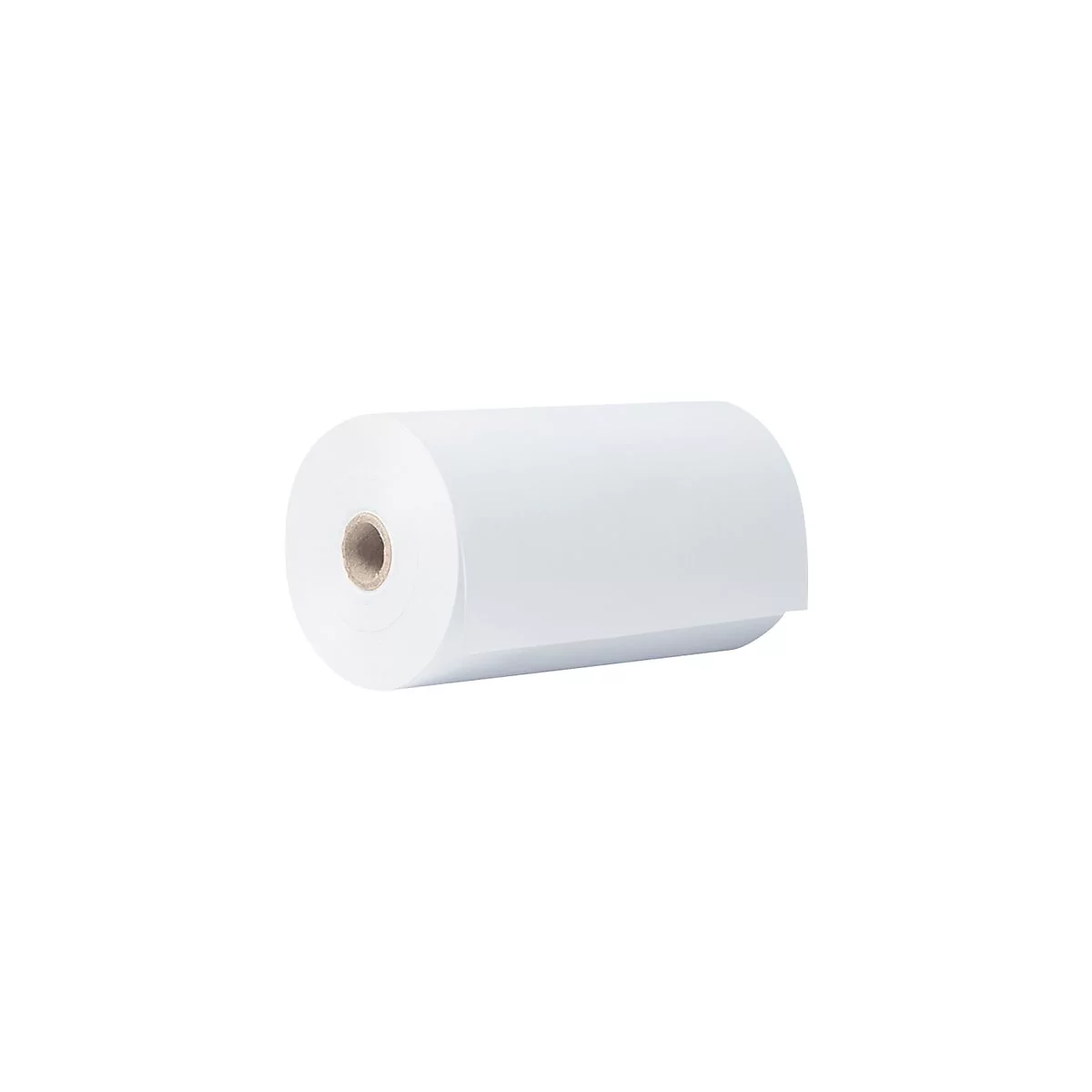 Eine einzelne, weiße Thermopapierrolle auf einem neutralen weißen Hintergrund.