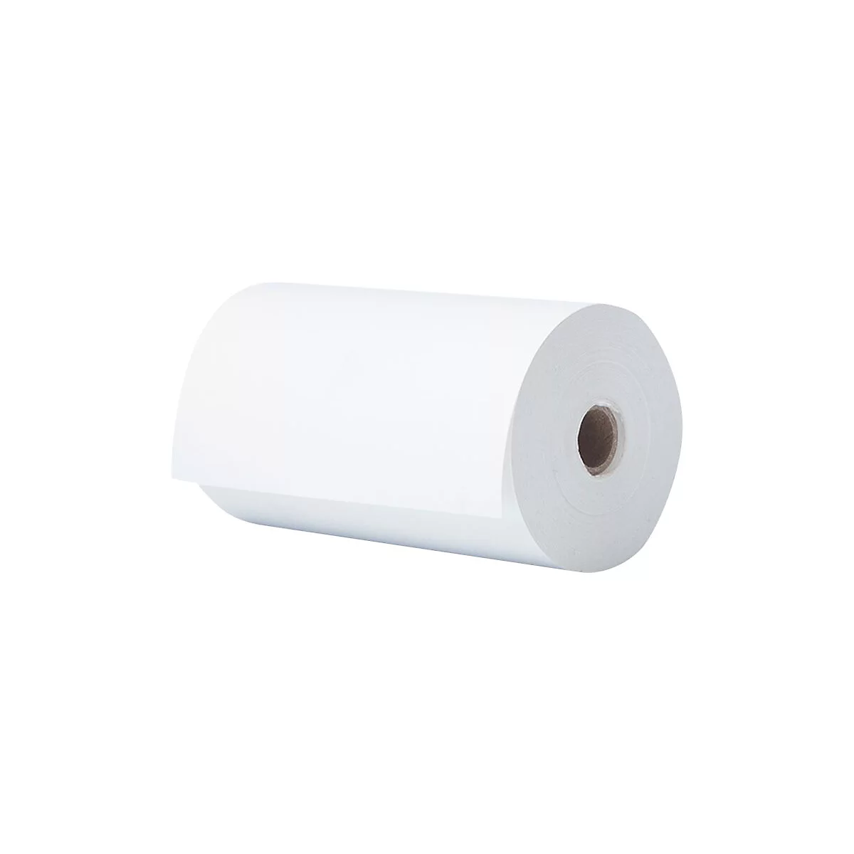 Eine weiße Papierrolle für Thermodrucker auf weißem Hintergrund.