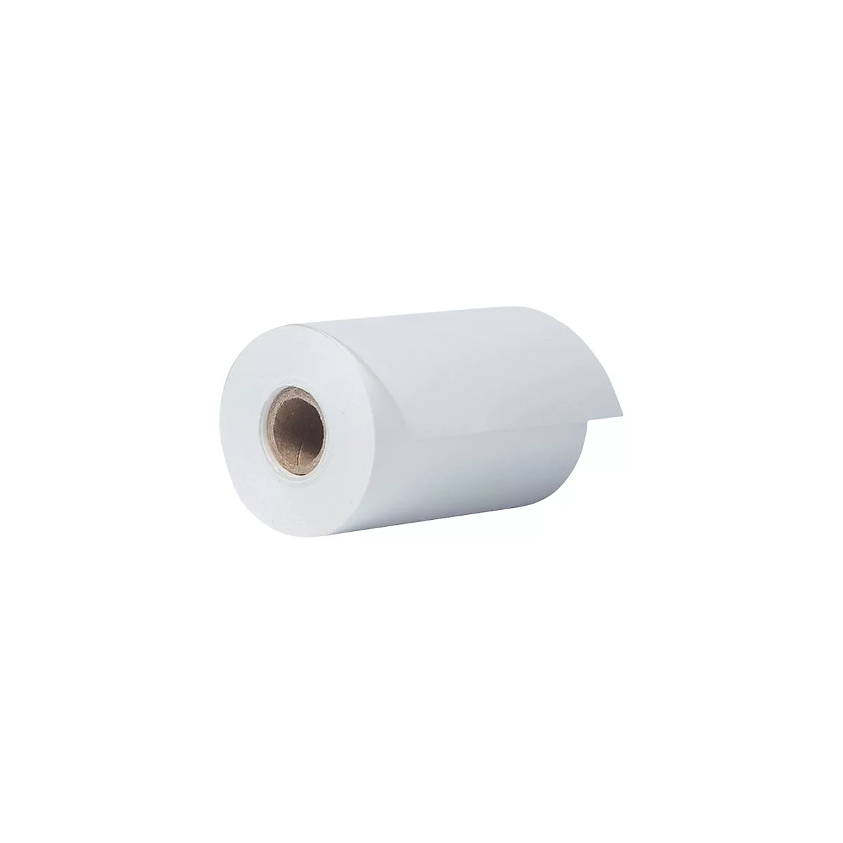 Eine weiße Thermopapierrolle auf einem neutralen, weißen Hintergrund.