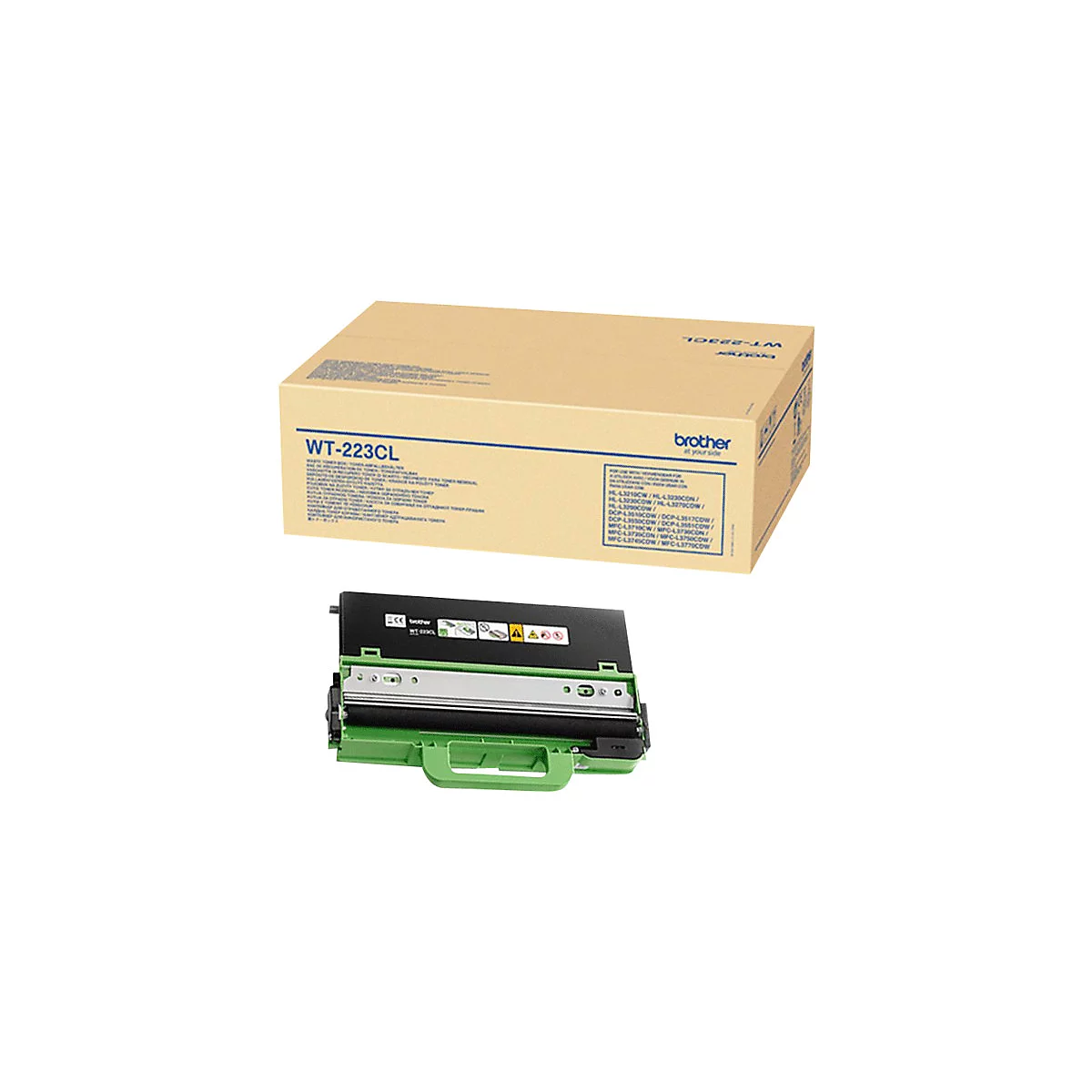 Ein Drucker-Toner-Kit und die Verpackung. Die Verpackung ist eine braune Schachtel mit Textaufdruck. Das Kit selbst ist schwarz-grÃ¼n.