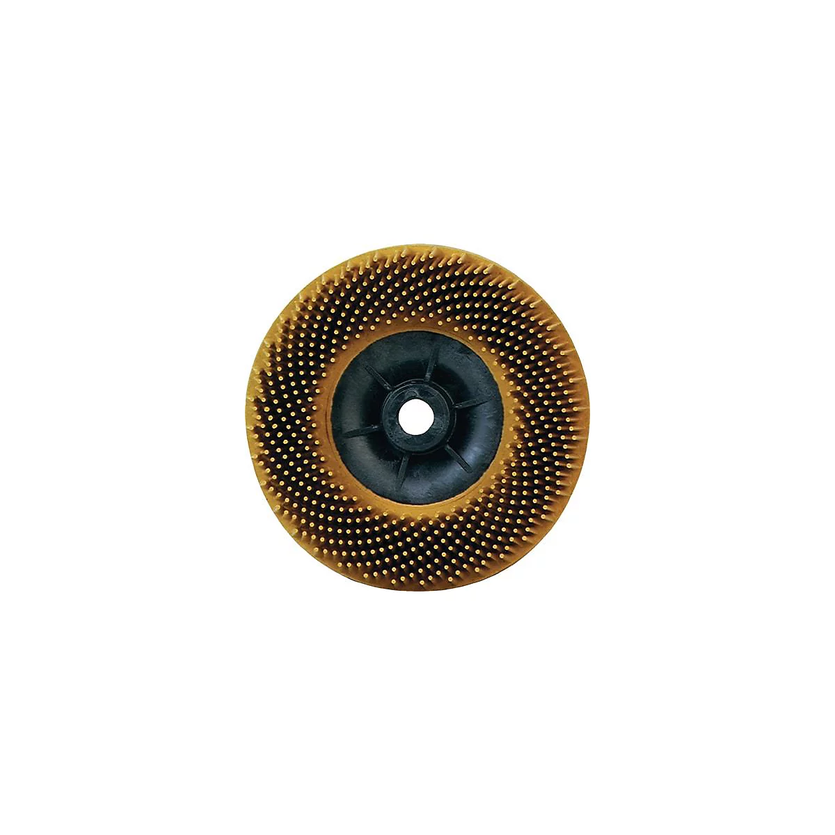 Round grinding disc, brown with black center and studs. Hole in the center.