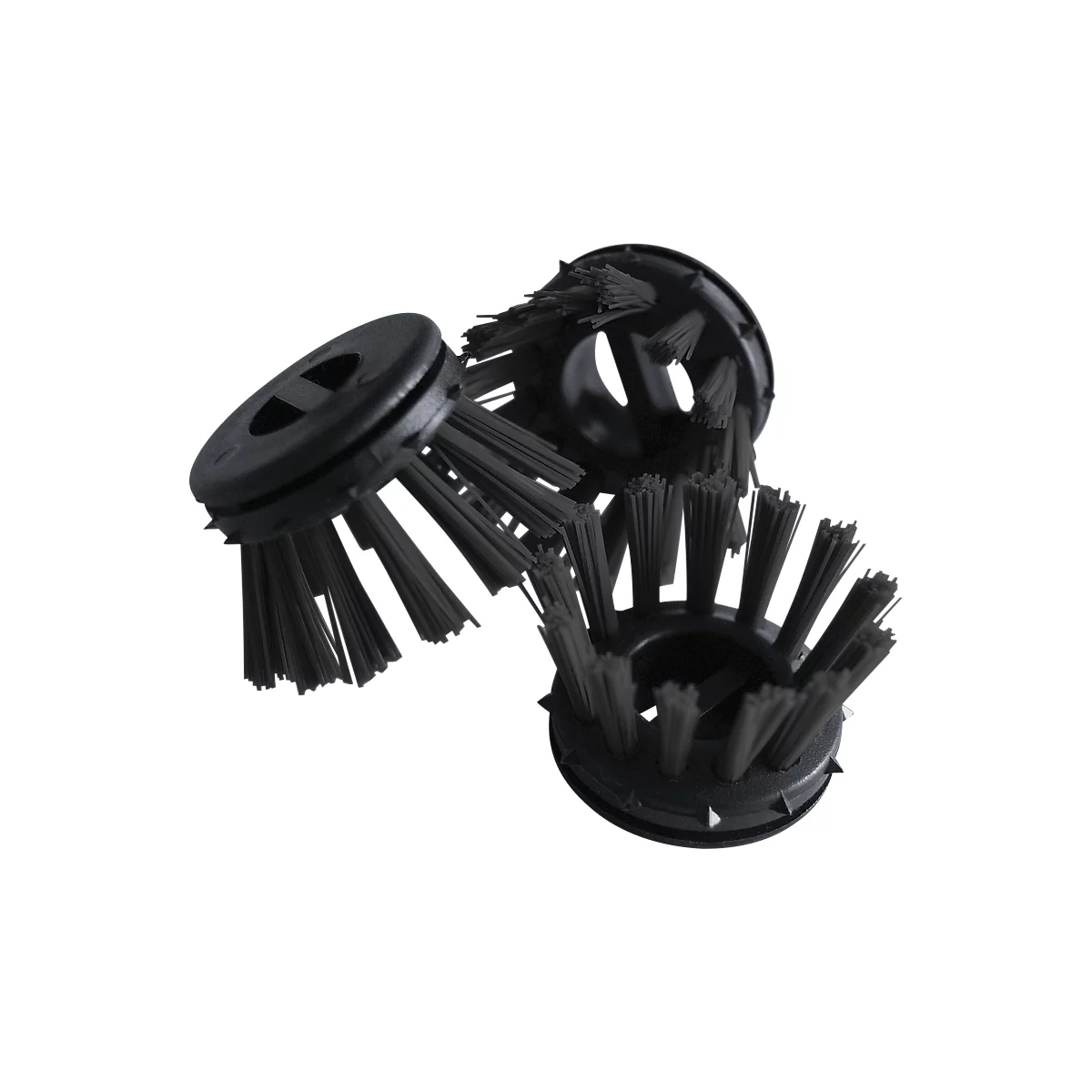 Three black, intertwined round brushes. They have a ring with bristles. The background is white.