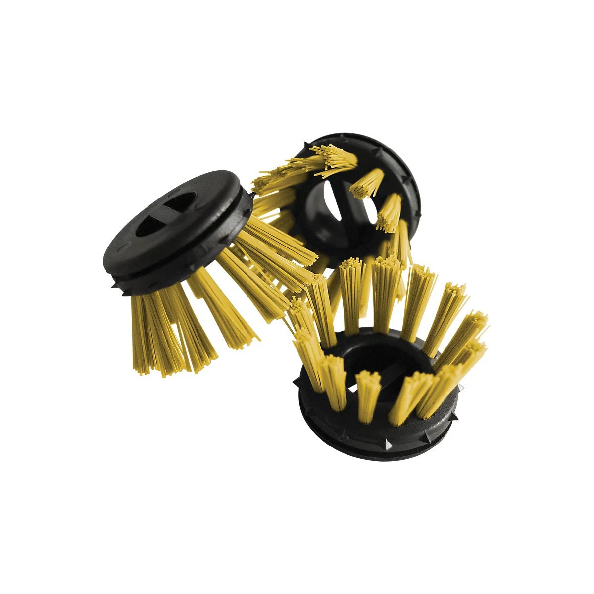 Close-up of three round brushes with yellow bristles and black holders.