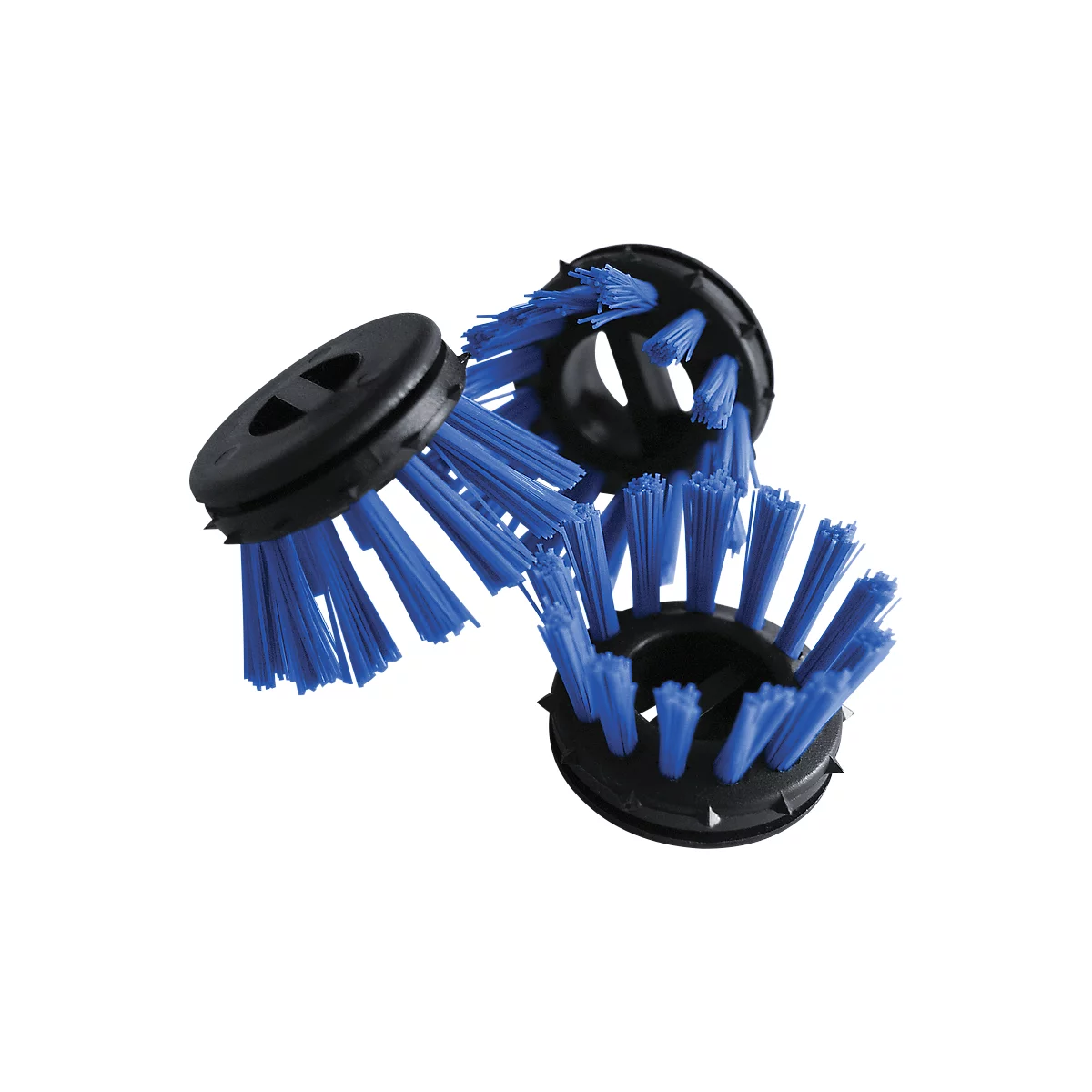 Three blue brush heads with black rims, arranged against a white background.