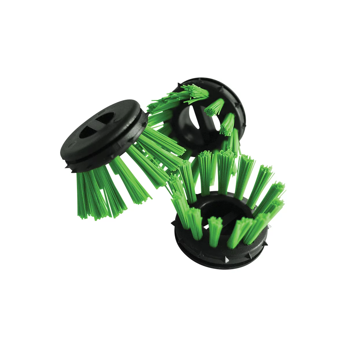 Three circular brush heads with green bristles and black rims, against a white background.