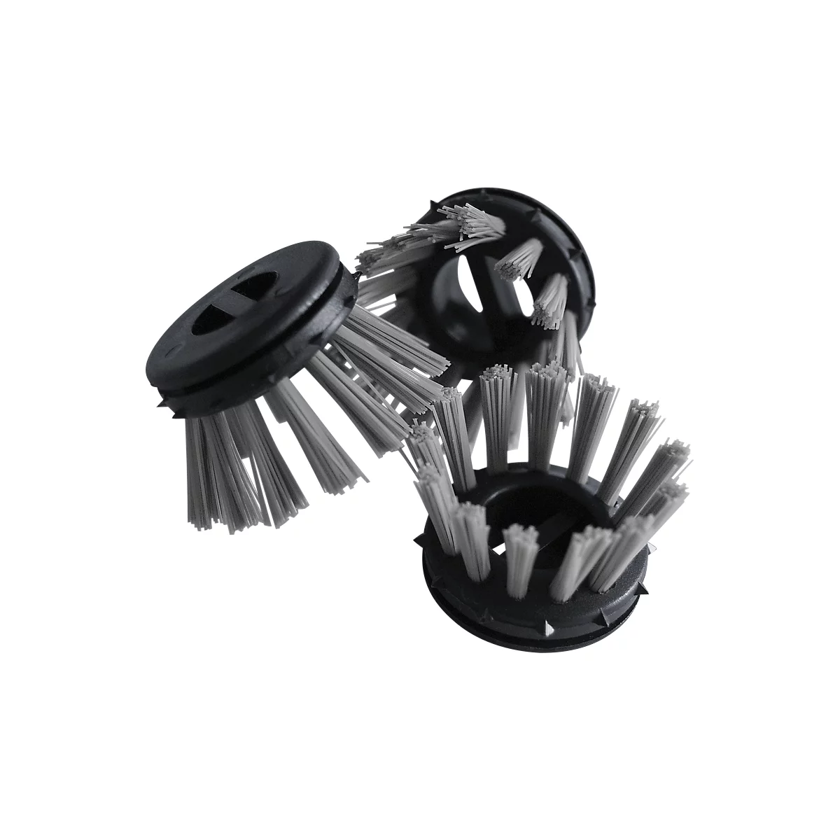 Three round brushes with gray bristles and black housings, arranged in detail. The brushes are arranged for a close-up shot.