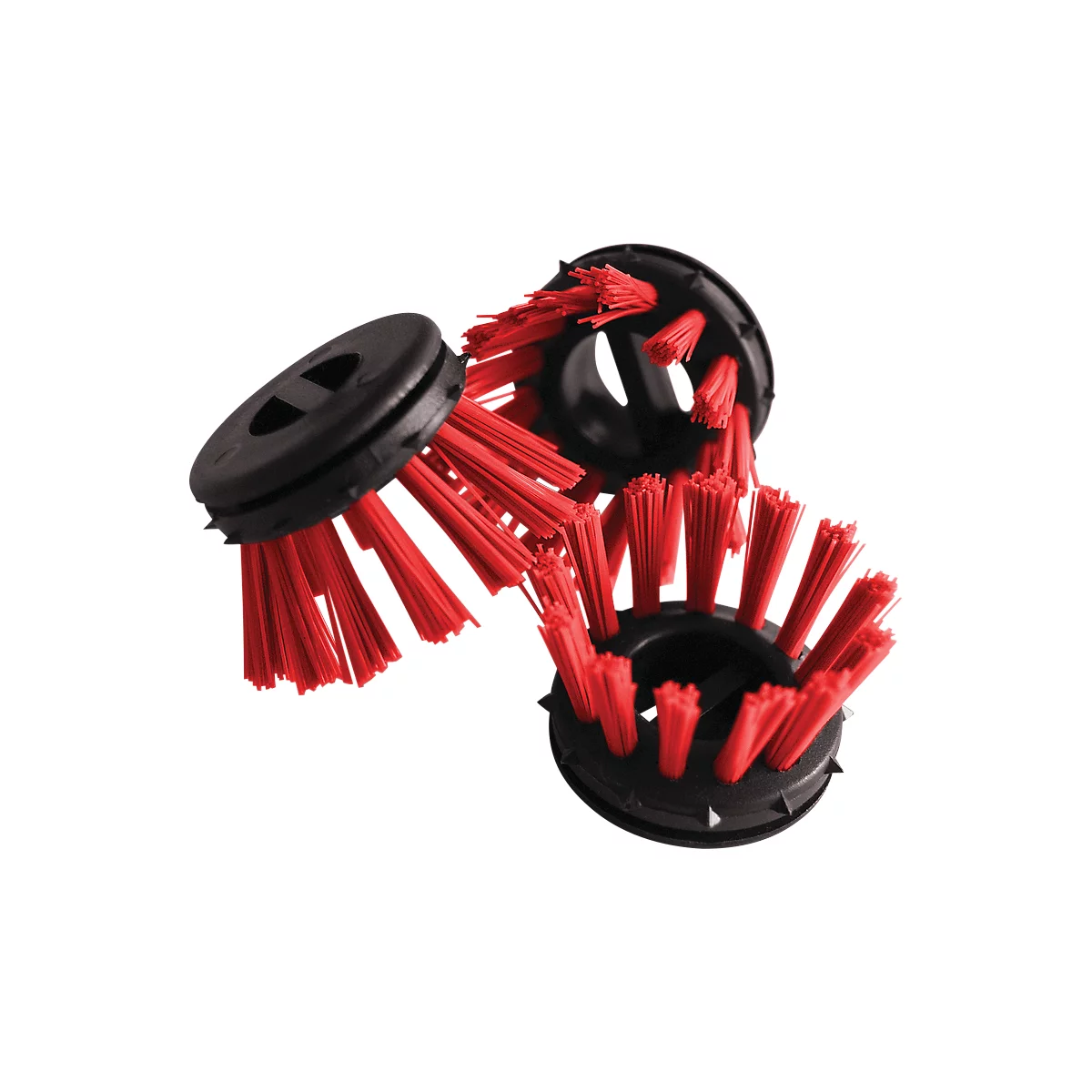 Three black brush heads with red bristles against a white background. The bristles radiate from the center.