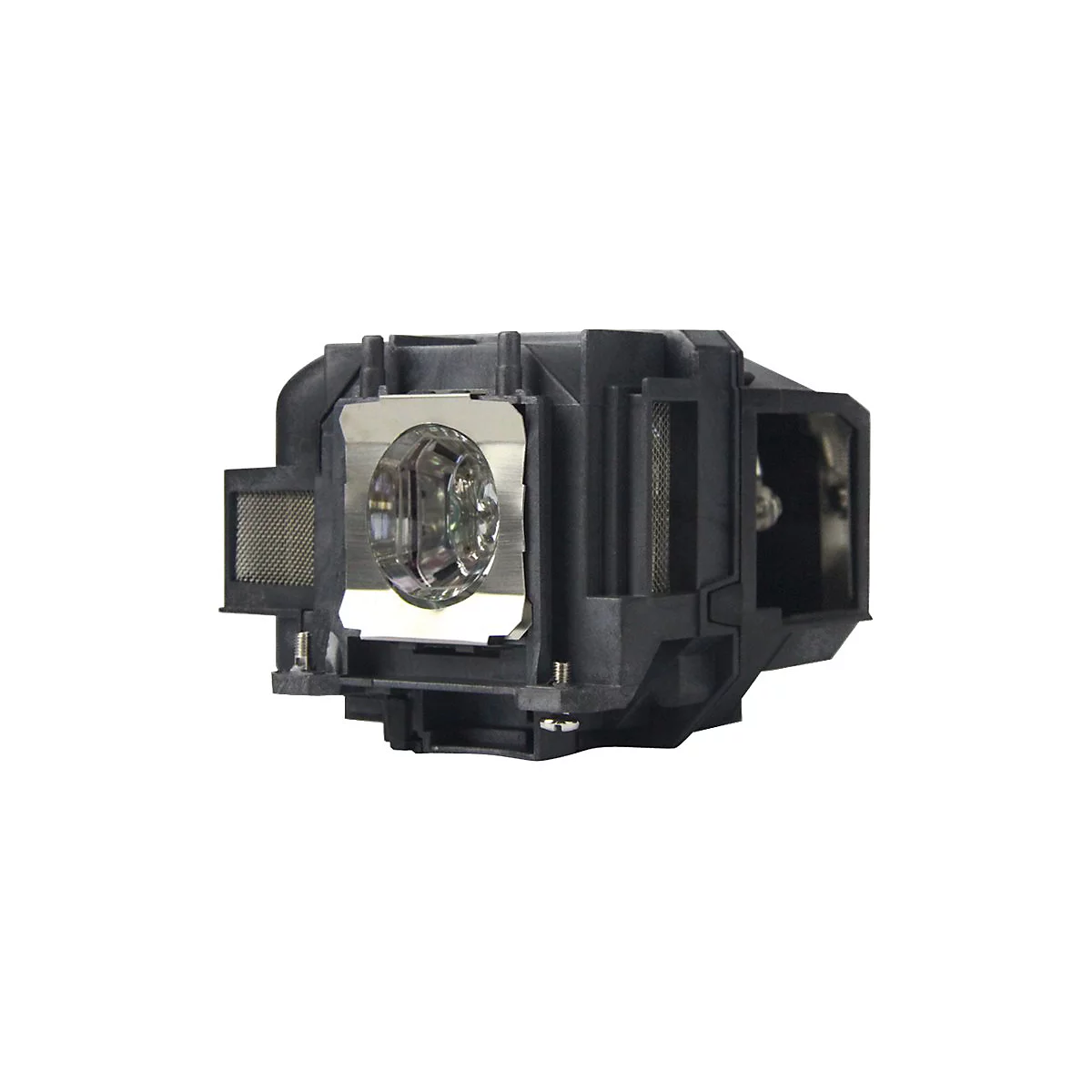 Nahaufnahme einer Projektorlampe mit reflektierender Linse und Metallrahmen, umgeben von schwarzem Kunststoffgehäuse.