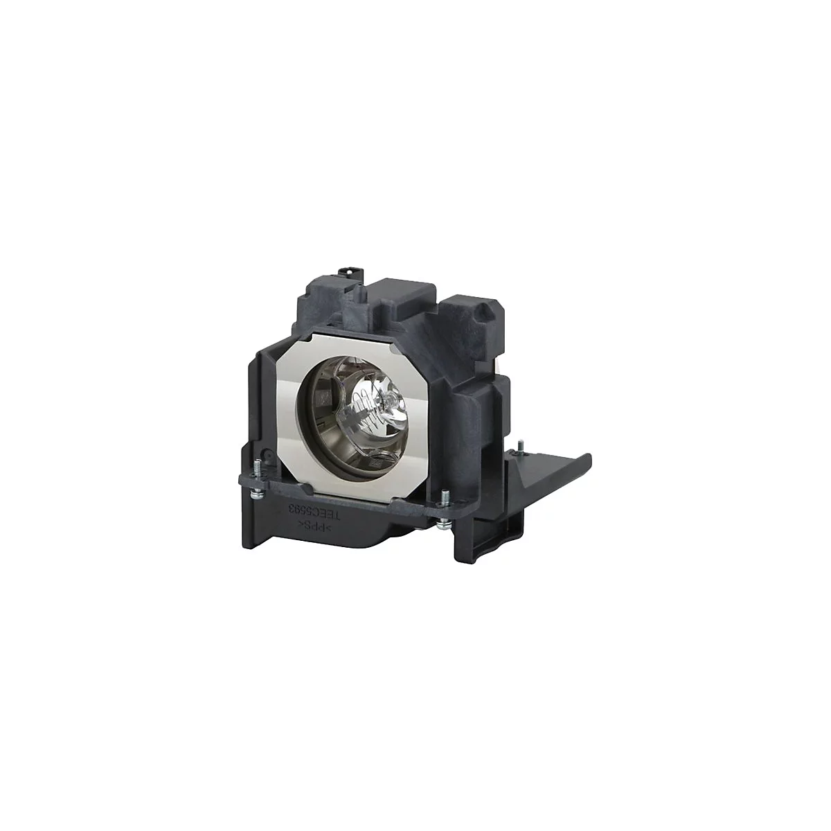 Nahaufnahme einer Projektorlampe mit Metallgehäuse und Glühbirne, eingebettet in schwarzem Kunststoff. Aufschrift: TEEC5593.