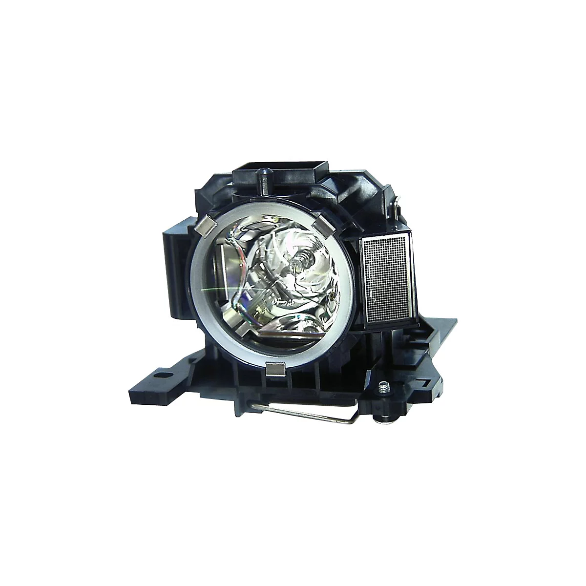 Nahaufnahme einer Projektorlampe mit reflektierendem Innenleben, umgeben von schwarzem Kunststoff und einem feinen Gitter.