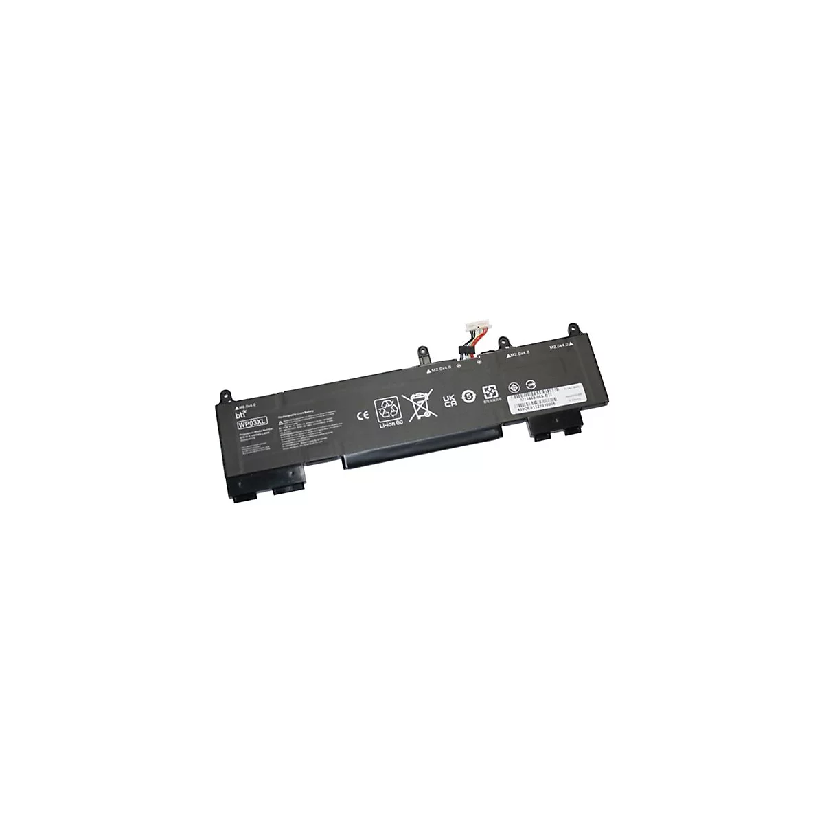Eine schwarze Laptop-Batterie mit verschiedenen Kennzeichnungen und Steckern. Aufgedruckte Schriftzüge: WP03XL, Li-Ion 00, M2.0x4.0.