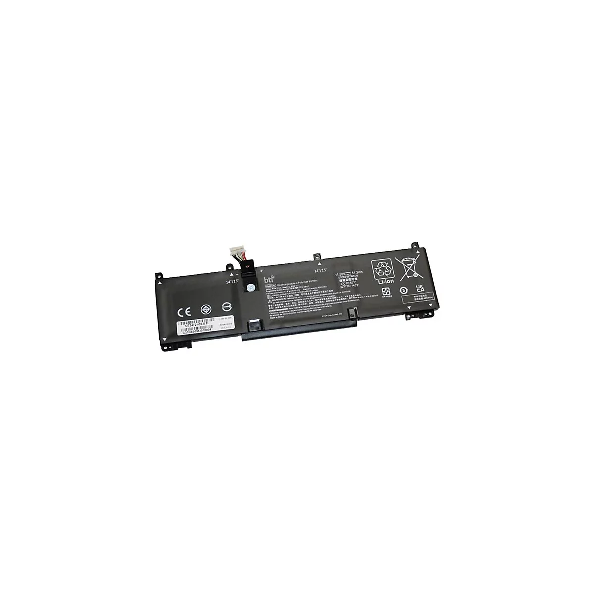 Dunkle Laptop-Batterie mit Schriftzügen und Anschlüssen, isoliert auf hellem Hintergrund.