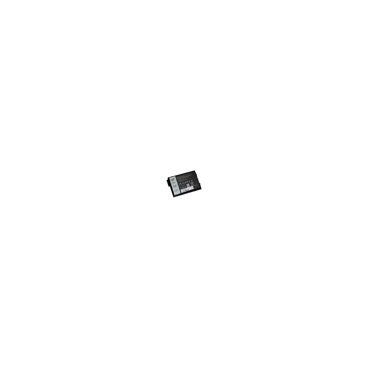 Un disque dur noir rectangulaire avec un autocollant blanc avec du texte.