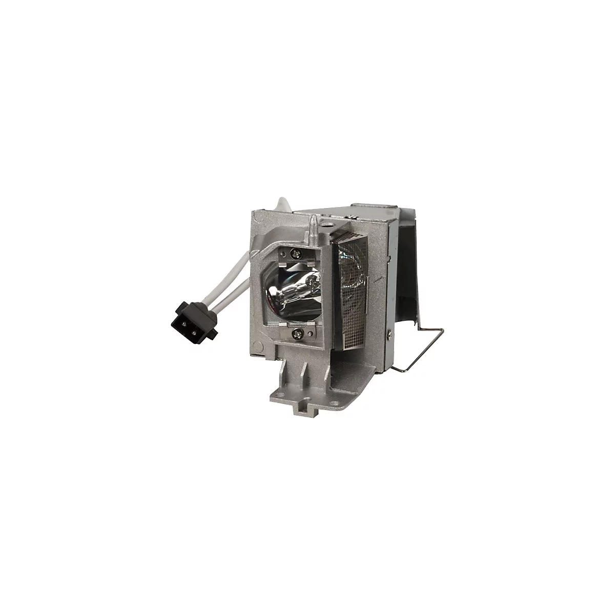 Nahaufnahme einer Projektorlampe mit Metallgehäuse, Glühbirne und Stecker.