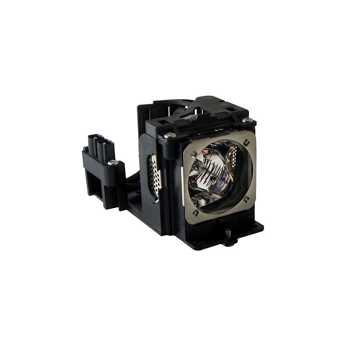 Nahaufnahme einer schwarzen Projektorlampe mit metallischen Elementen. Die Glühbirne ist deutlich sichtbar.