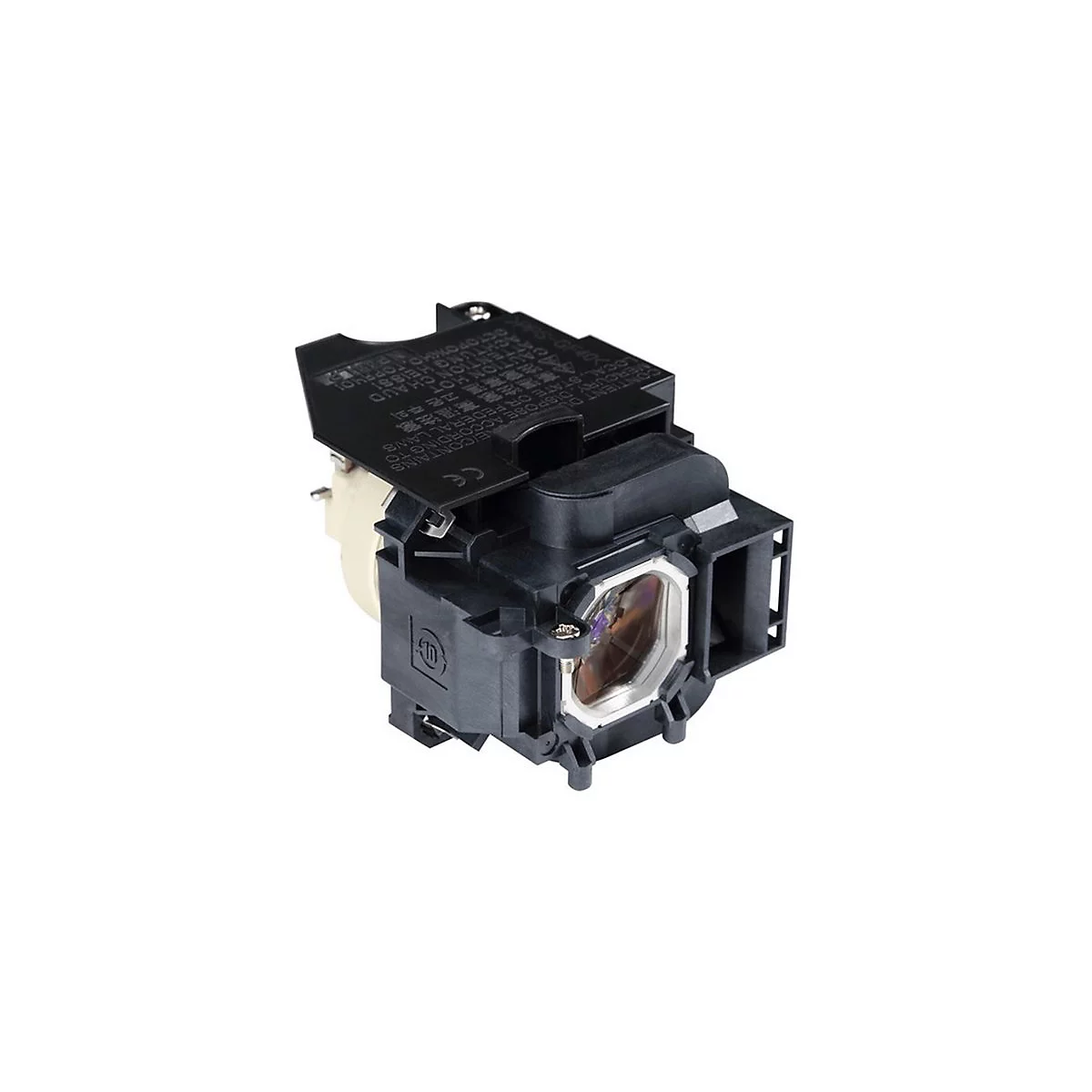 Un composant noir, probablement pour un projecteur, avec une lentille dorée, du texte et le marquage CE.