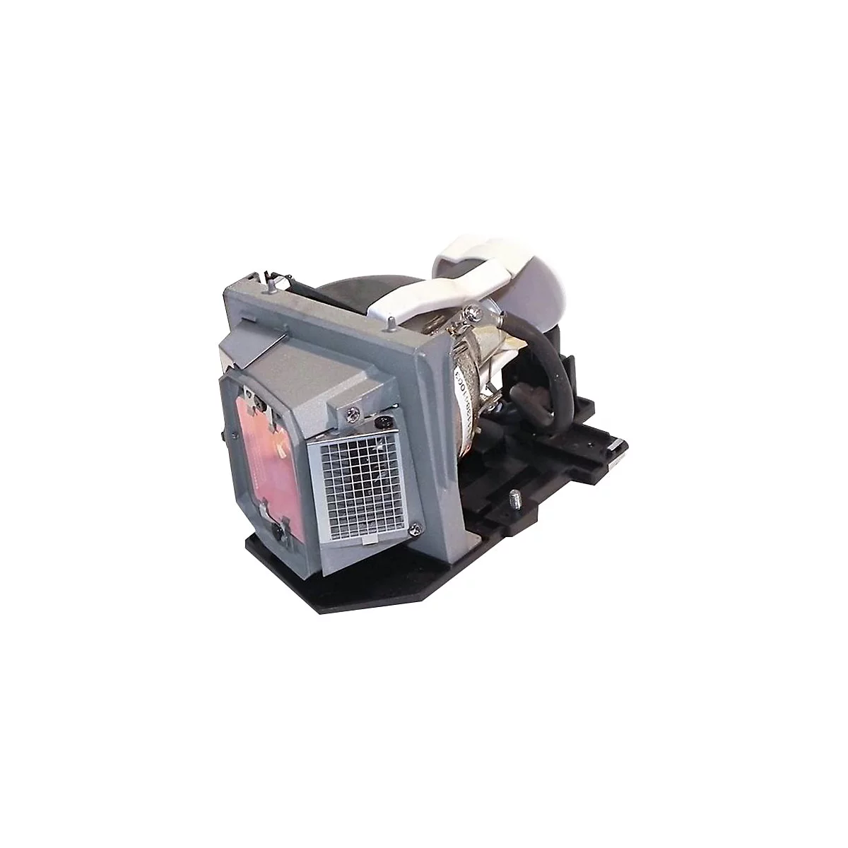 Detailaufnahme eines Projektor-Lampenmoduls. Grau-schwarze Komponente mit Lüftungsgitter, rosa Filter und Kabeln.