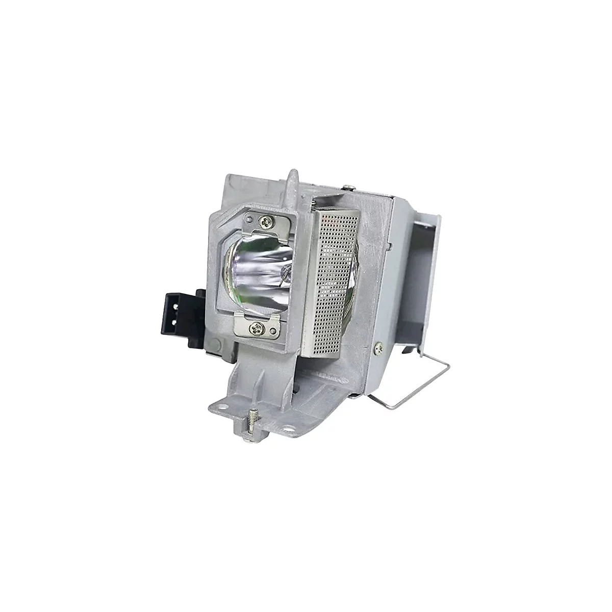 Nahaufnahme eines Projektor-Lampenmoduls. Graue Metallkonstruktion mit Lampengehäuse, Gitter, Schrauben und schwarzem Stecker.