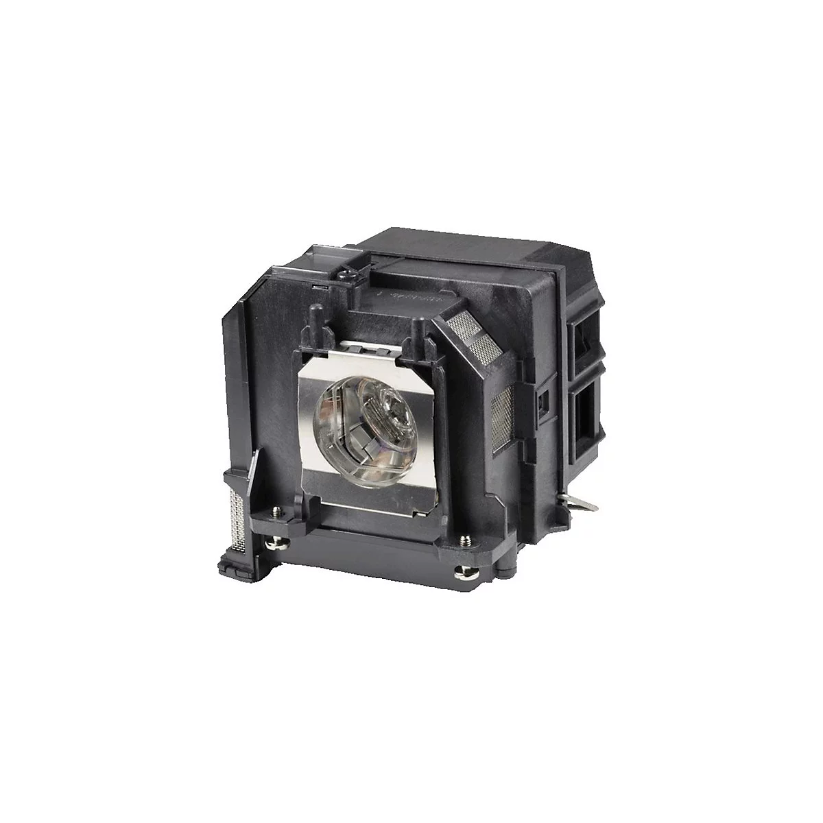 Nahaufnahme einer Projektorlampe mit Metallhalterung und Glaskuppel. Schwarzes Gehäuse mit Belüftungsgittern.