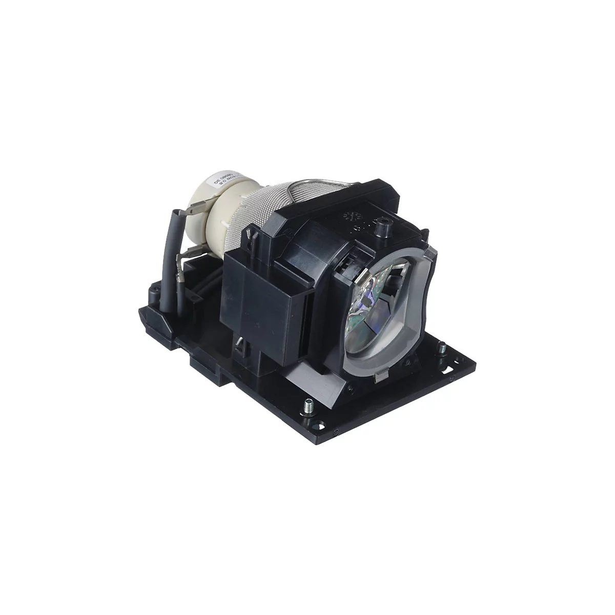 Nahaufnahme einer Projektorlampe mit metallischen und schwarzen Kunststoffelementen. Fokus auf die Linse und die Anschlüsse.