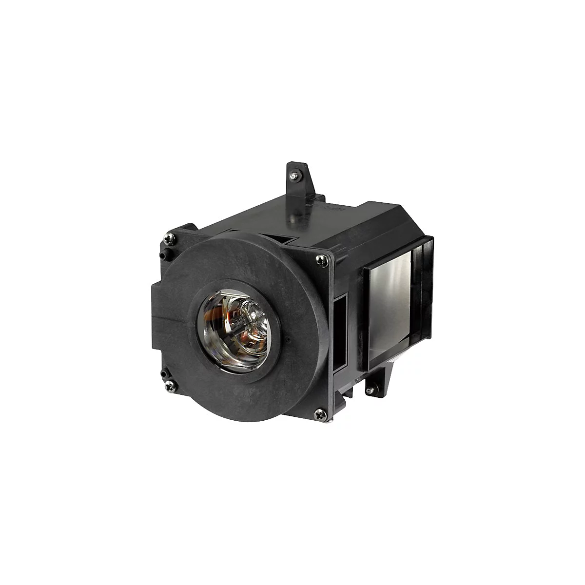 Nahaufnahme eines schwarzen Projektorlampenmoduls mit einem Linsensystem, das Licht reflektiert.