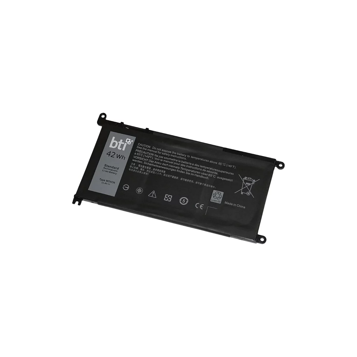 Eine Laptop-Batterie, schwarz, mit Aufschrift bti, 42 wh, Standard-Akkupack.