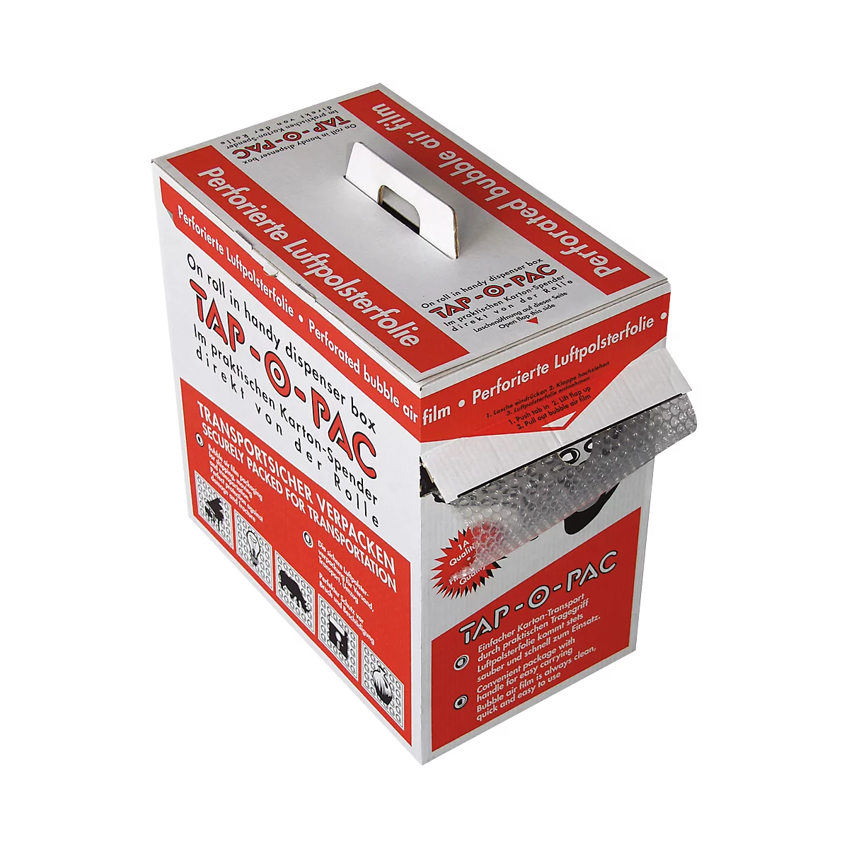 Box labeled TAP-O-PAC. Handle on top, description for bubble wrap below.