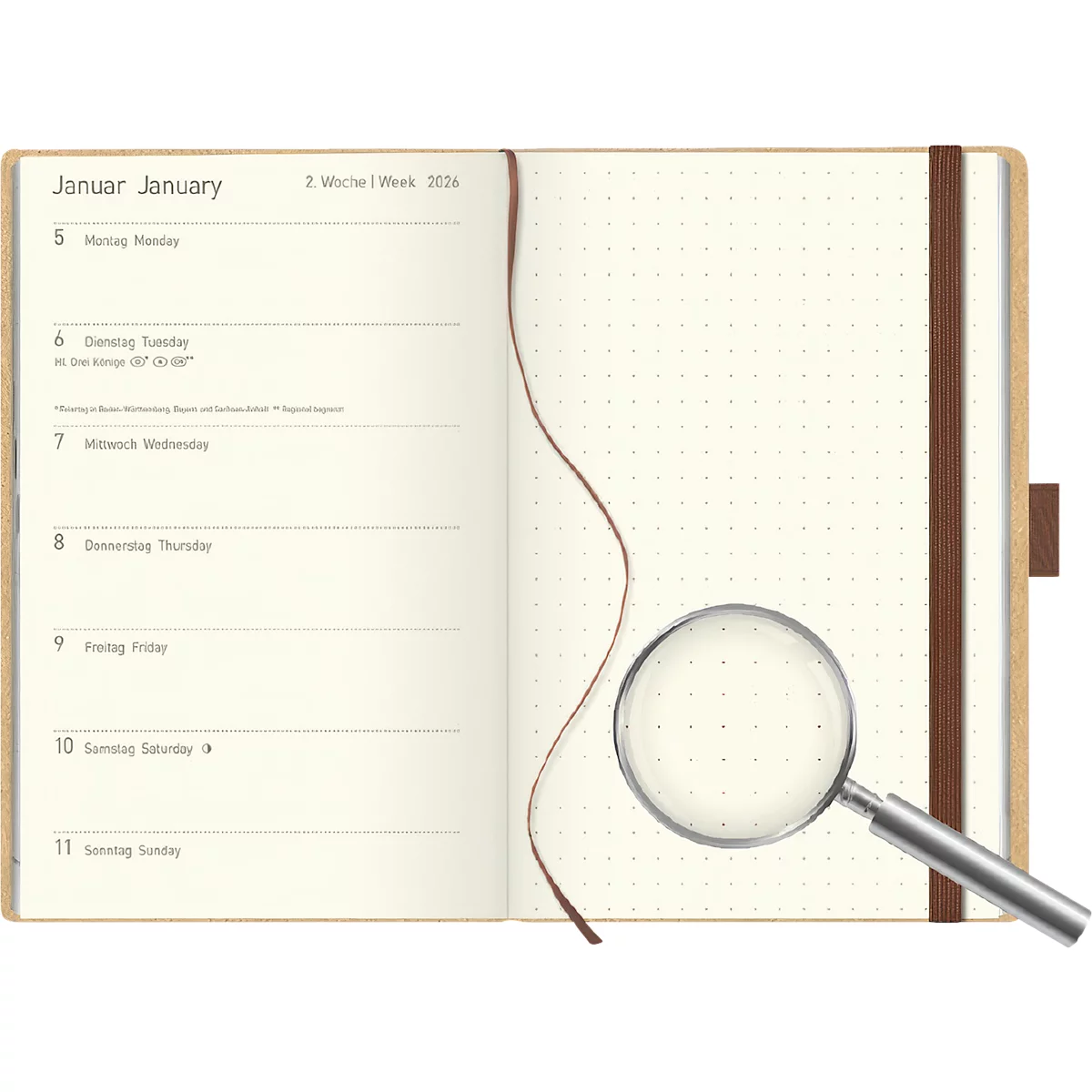 Buchkalender Korsch Edition Natur 2026, A5, 144 Seiten, 12 Monats-Kalendarium für D/GB, B 130 x H 210 mm, Naturpapier/Naturkarton, braun