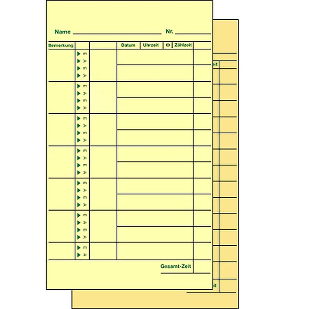 Two yellow work time cards are stacked on top of each other. On the top card are columns for comment, date, time and count time.