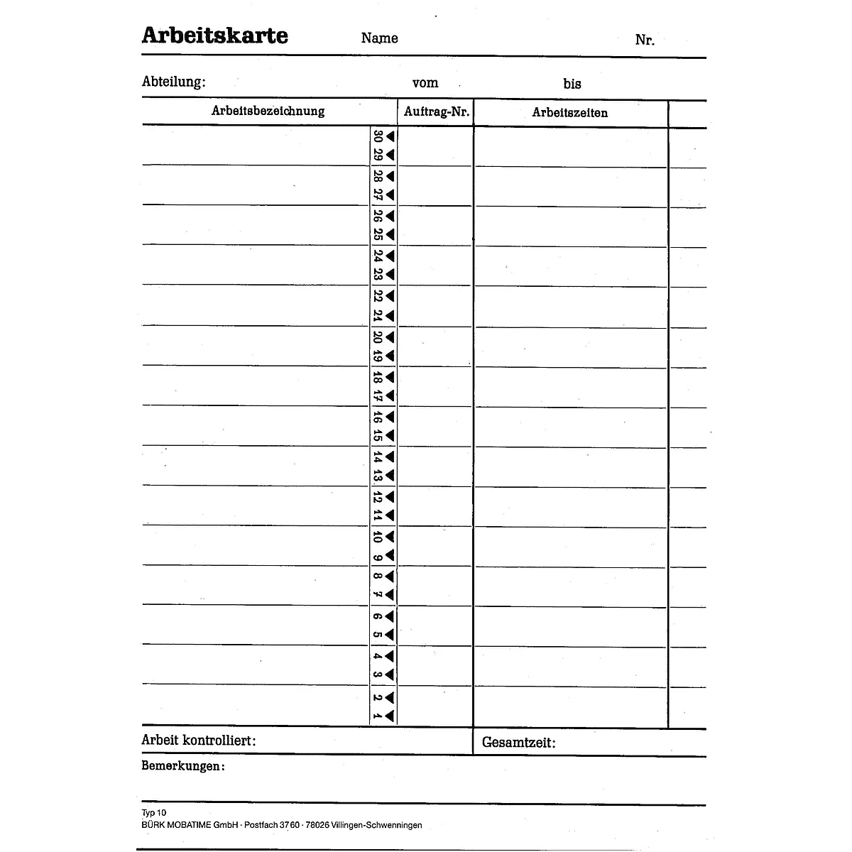 BÜRK stempelkaart, Klokkaart, voor prikklok ZS3200/ZS5200, 500 st.