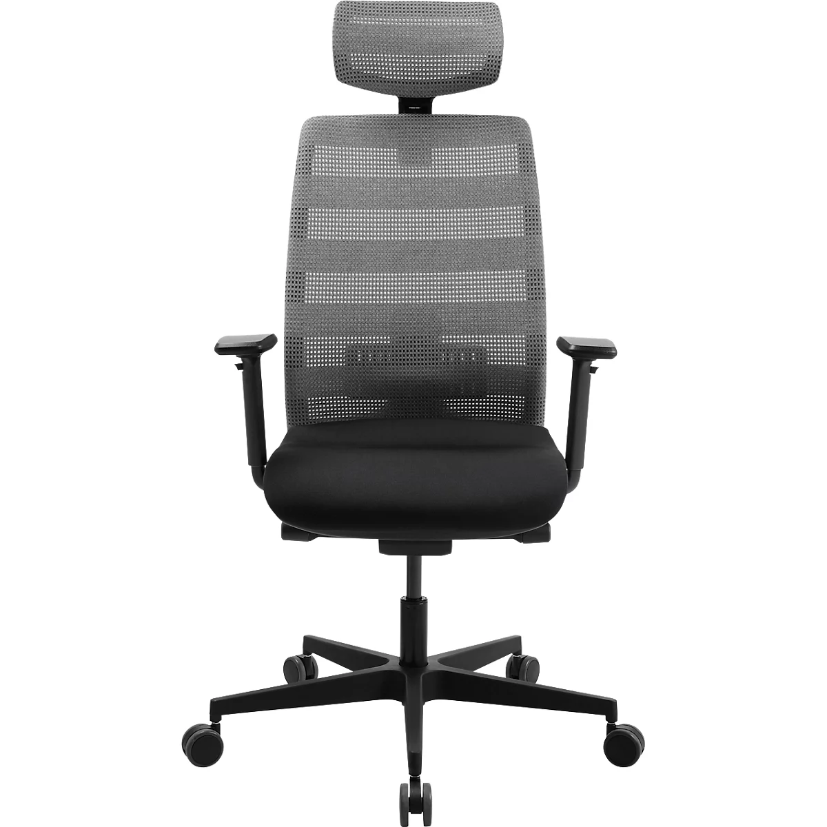 Bürostuhl mit Netzrücken, schwarzem Sitz und Kopfstütze. Schwarzes Gestell, Armlehnen und Rollen.