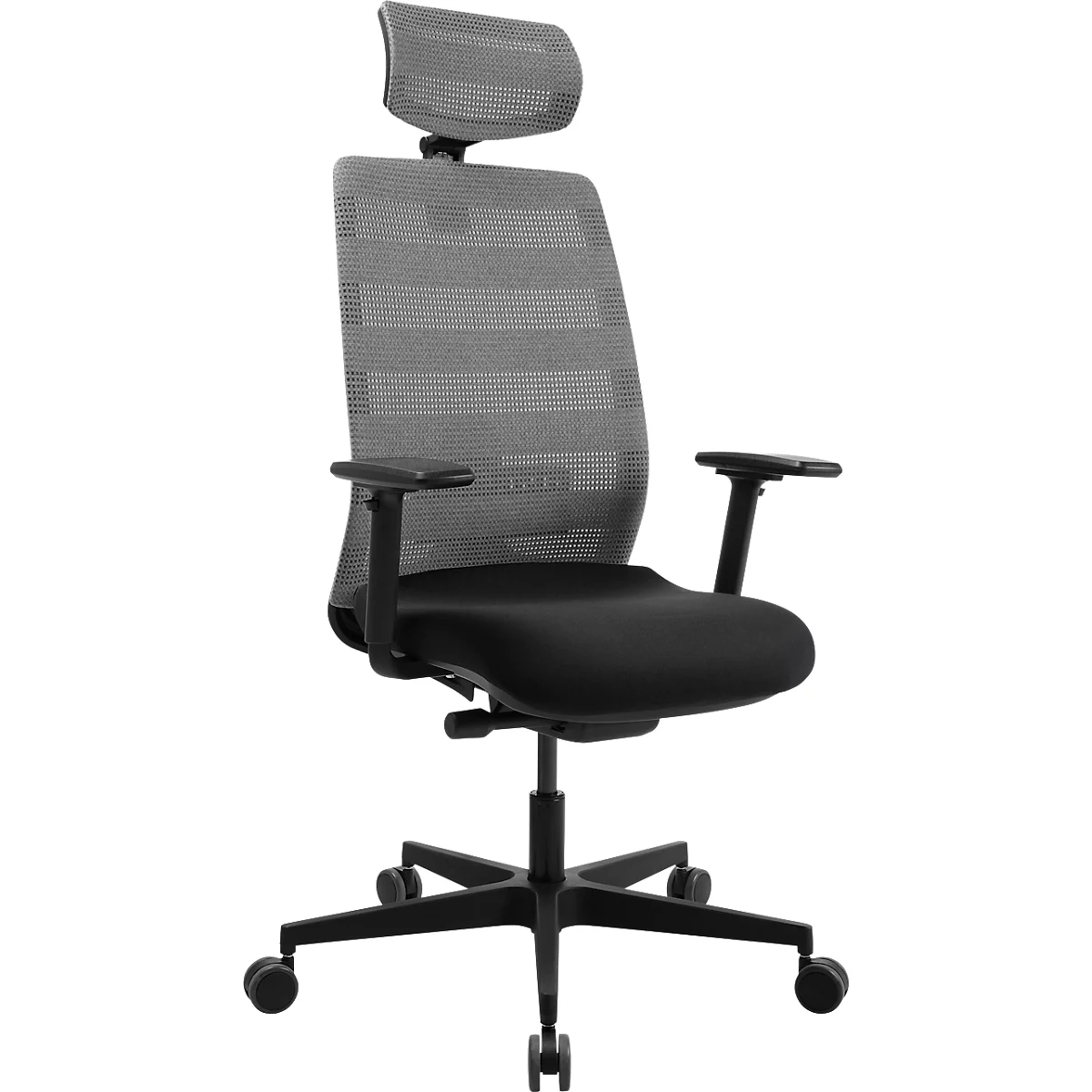 Bürostuhl in Schwarz und Grau, mit Rollen und verstellbaren Armlehnen. Graues Netz im Rücken, schwarze Sitzfläche.
