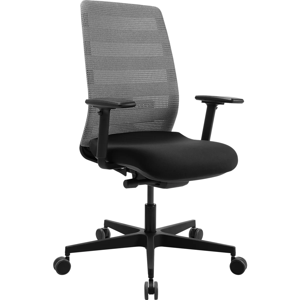 Bürostuhl mit schwarzer Sitzfläche, grauem Netzrücken und schwarzen Armlehnen, auf einem weißen Hintergrund.