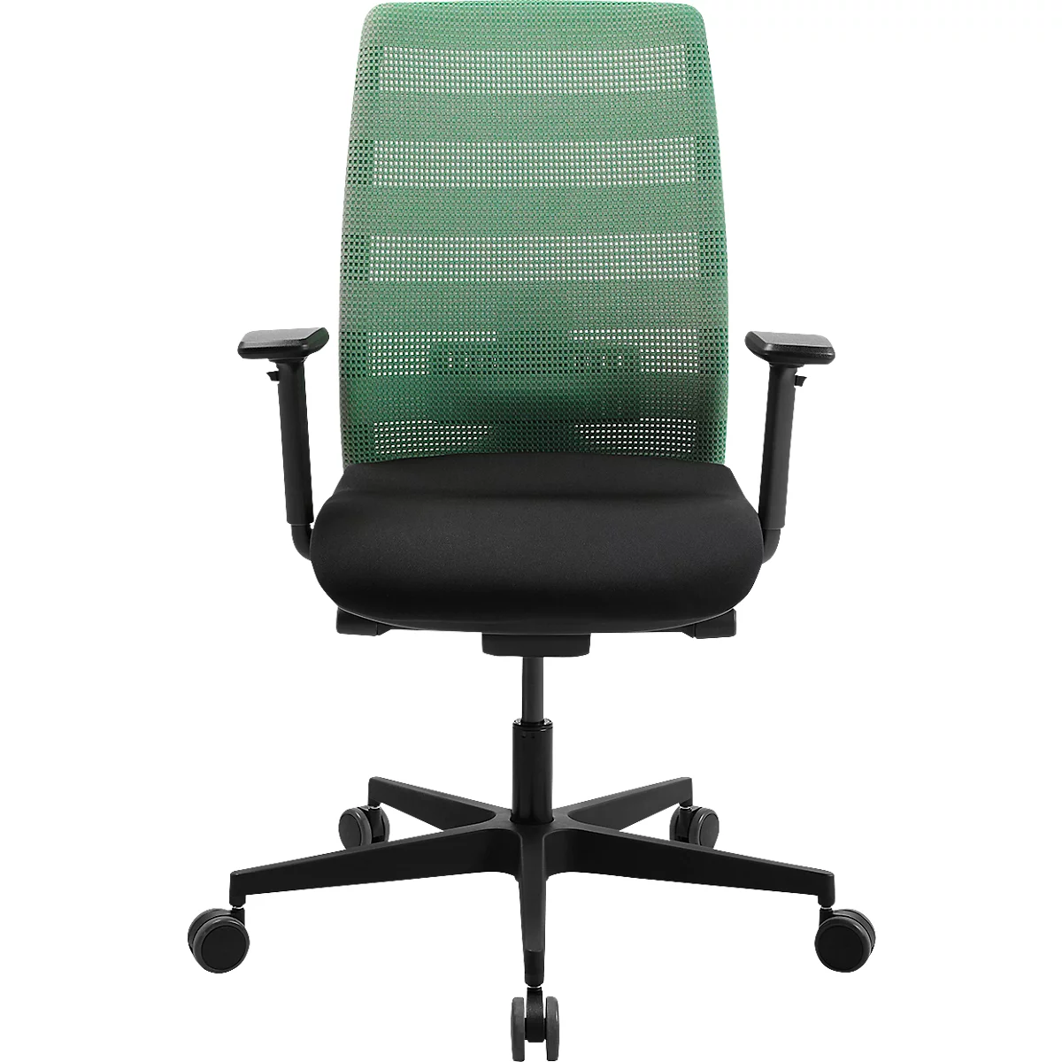 Bürostuhl mit grünem Netzrücken, schwarzer Sitzfläche, Armlehnen und Rollen. Der Stuhl steht auf einem weißen Hintergrund.