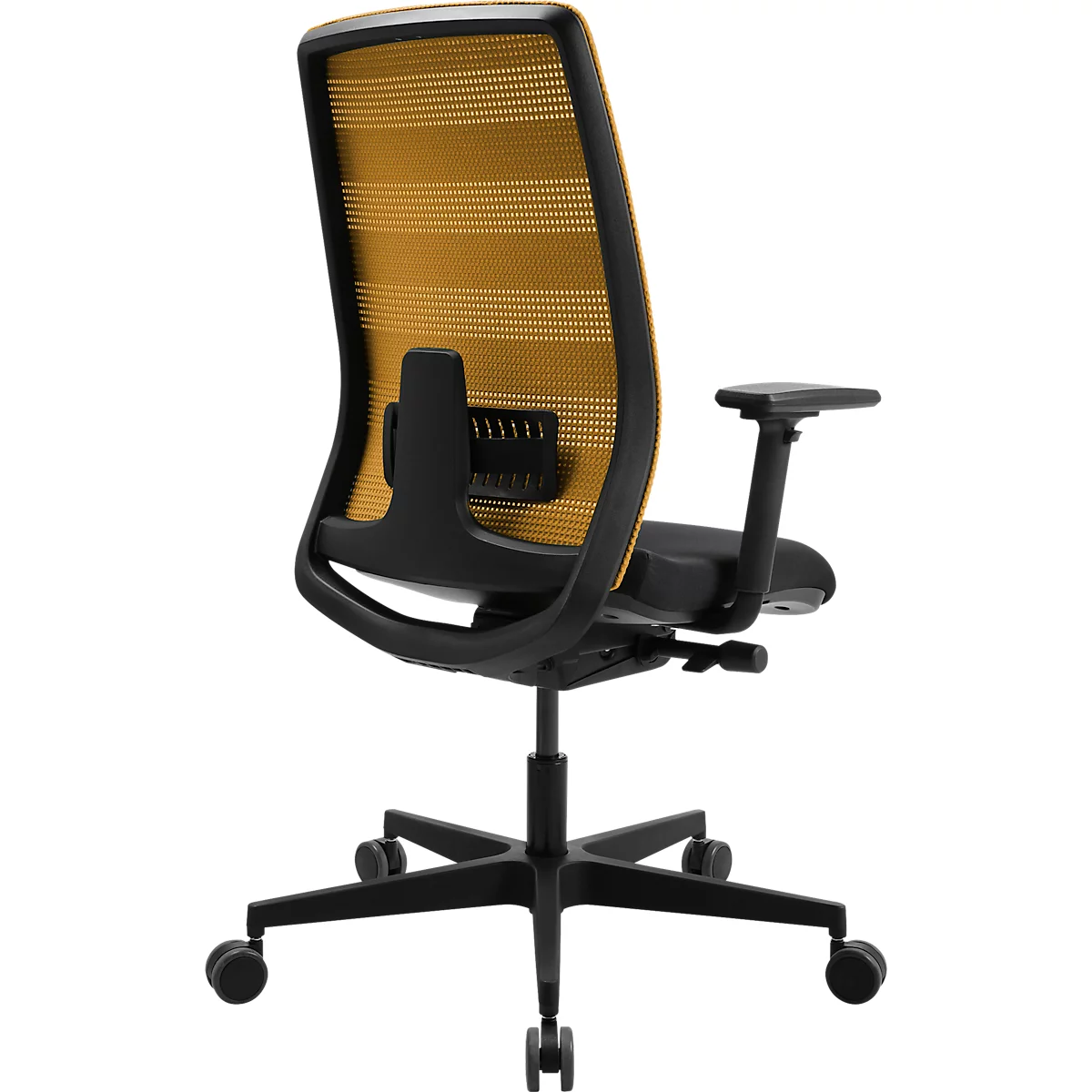 Bürostuhl von hinten, gelbes Netz, schwarzer Rahmen und Rollen.