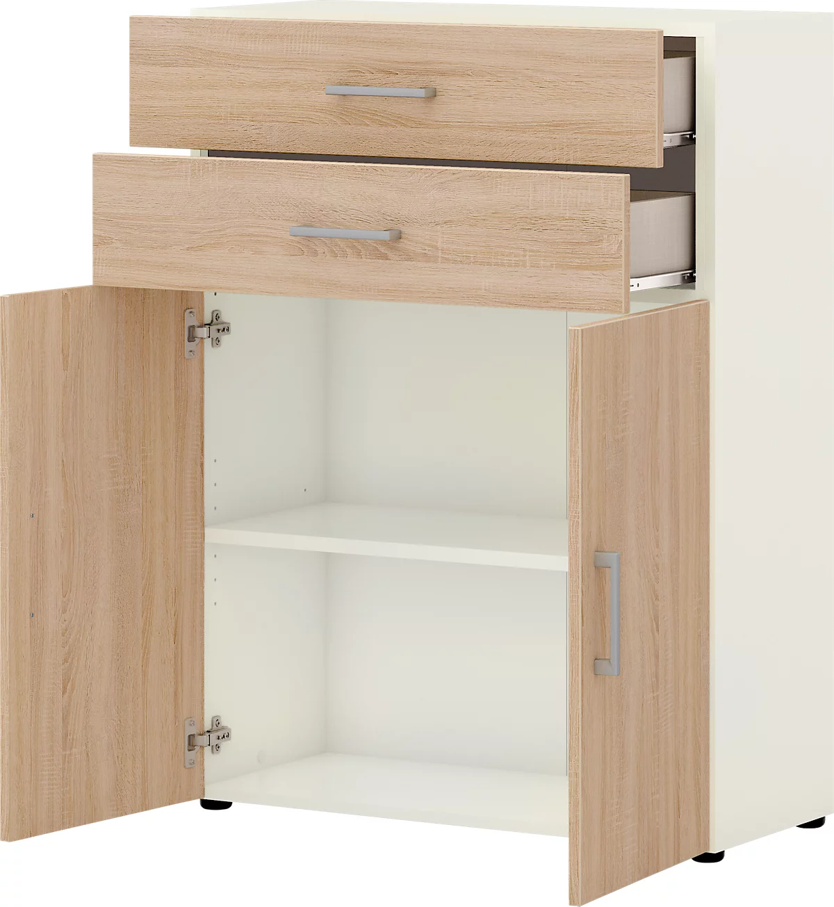 Bürokommode TEMPIO, aus Holz, 2 Türen, 2 Schubkästen, 3 OH, B 800 x T 340 x H 1070 mm, weiss/Sonoma Eiche