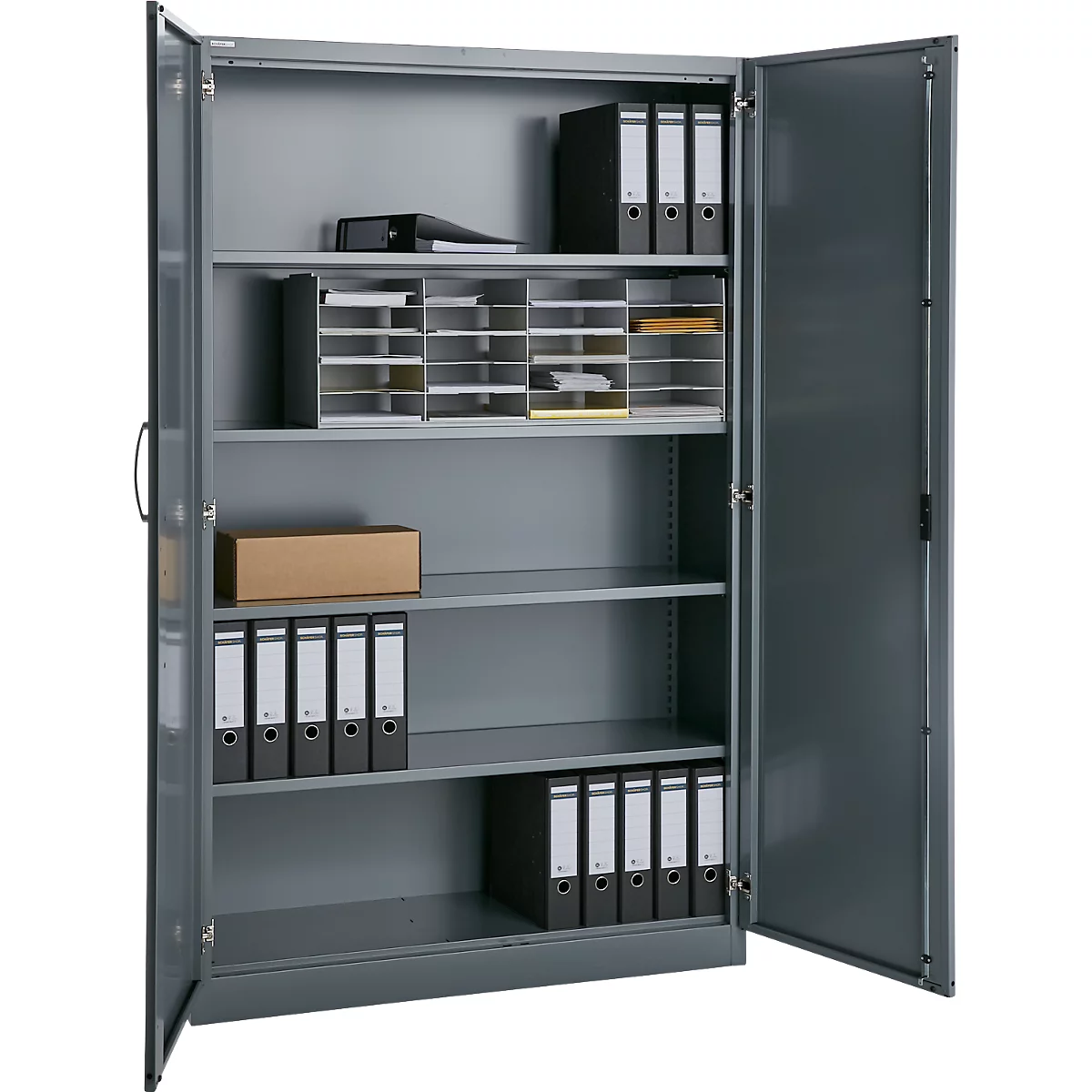 Büroschrank, 5 OH, abschließbar, mit aufliegenden Türen, B 1200 mm, Basaltgrau