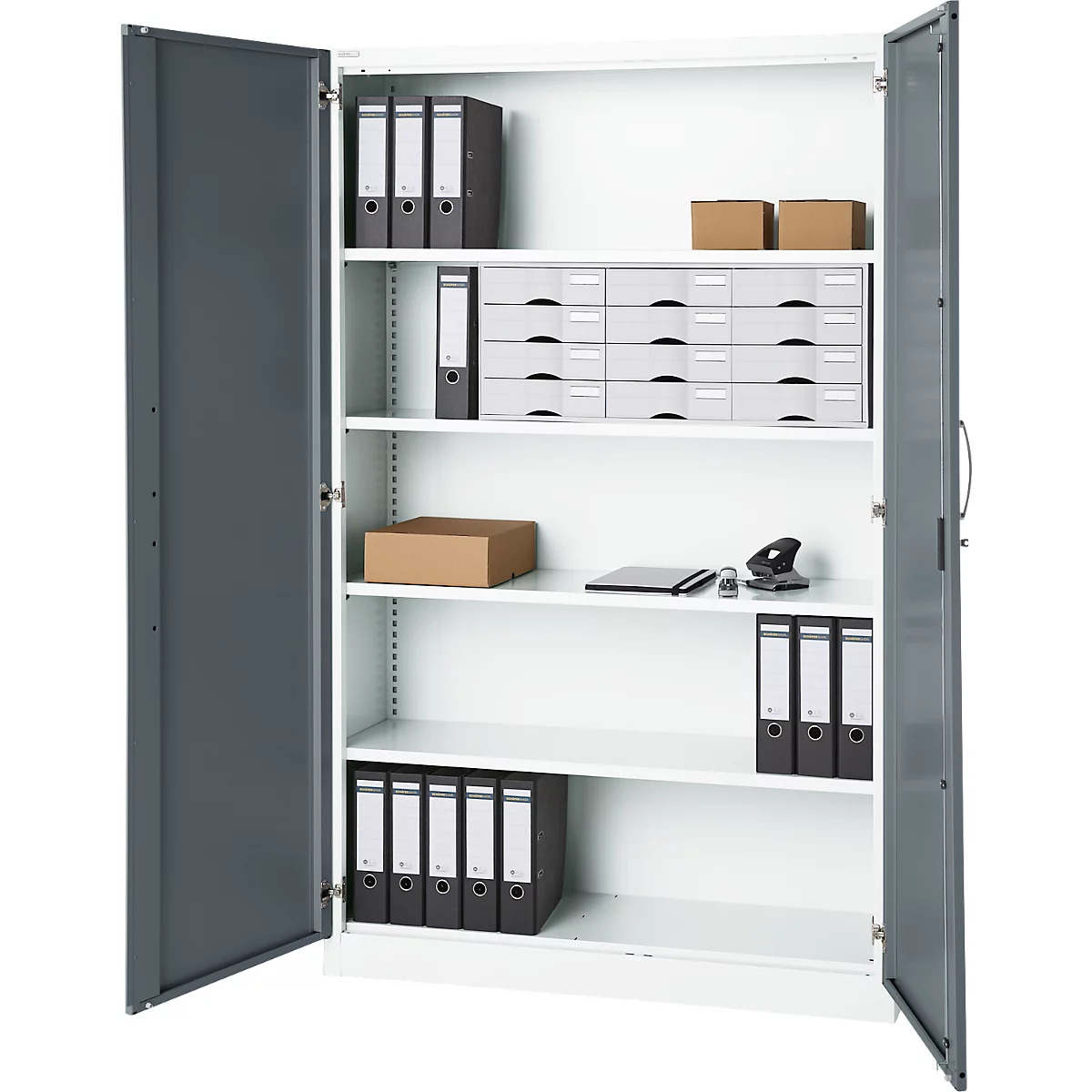 Büroschrank, 5 OH, abschließbar, mit aufliegenden Türen, B 1200 mm, Basaltgrau/Verkehrsweiß