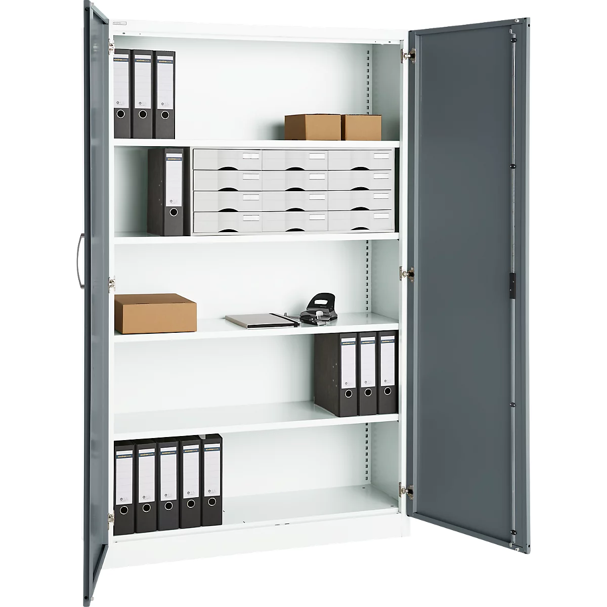 Büroschrank, 5 OH, abschließbar, mit aufliegenden Türen, B 1200 mm, Basaltgrau/Verkehrsweiß
