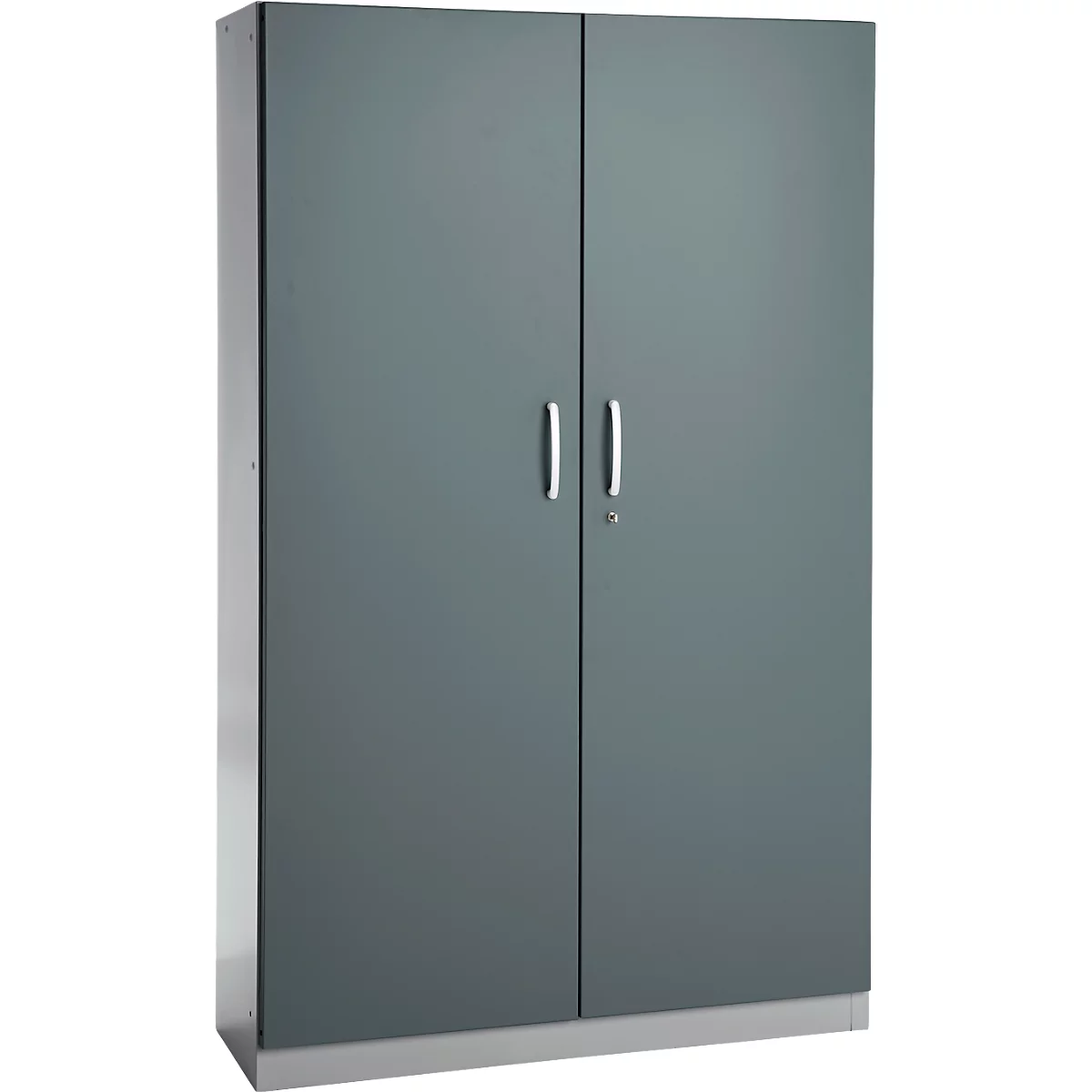 Büroschrank, 5 OH, abschließbar, mit aufliegenden Türen, B 1200 mm, Basaltgrau/Weißalu
