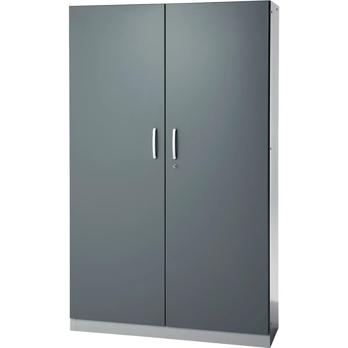 Büroschrank, 5 OH, abschließbar, mit aufliegenden Türen, B 1200 mm, Basaltgrau/Weißalu