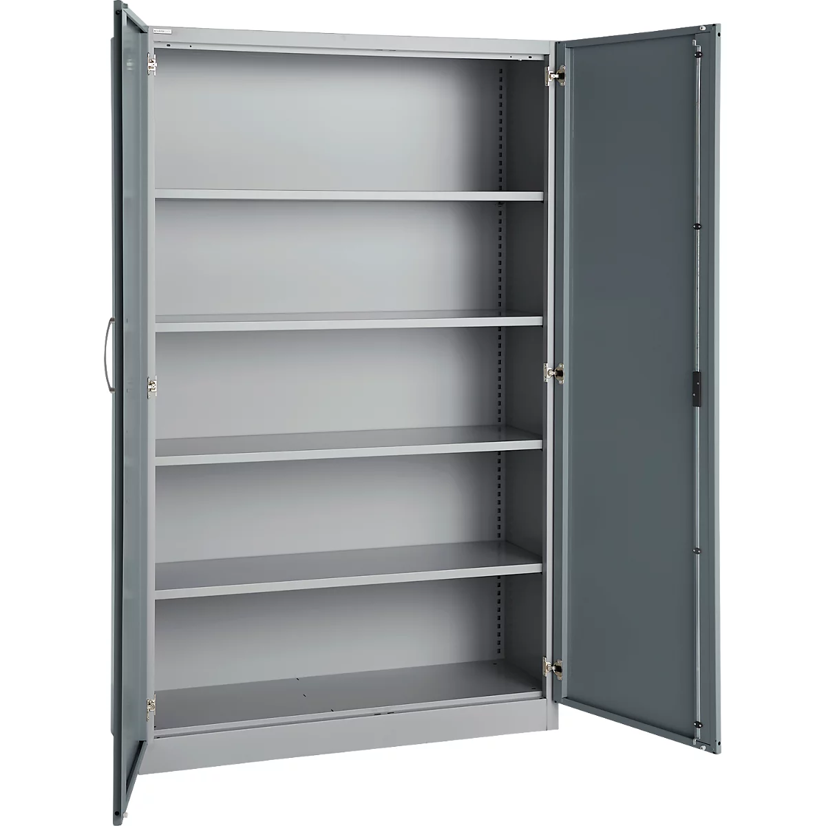 Büroschrank, 5 OH, abschließbar, mit aufliegenden Türen, B 1200 mm, Basaltgrau/Weißalu