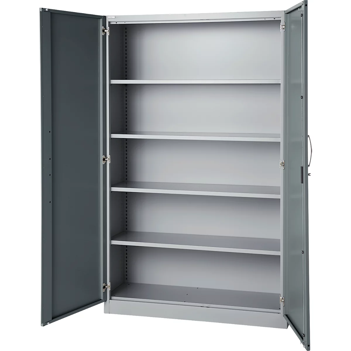 Büroschrank, 5 OH, abschließbar, mit aufliegenden Türen, B 1200 mm, Basaltgrau/Weißalu