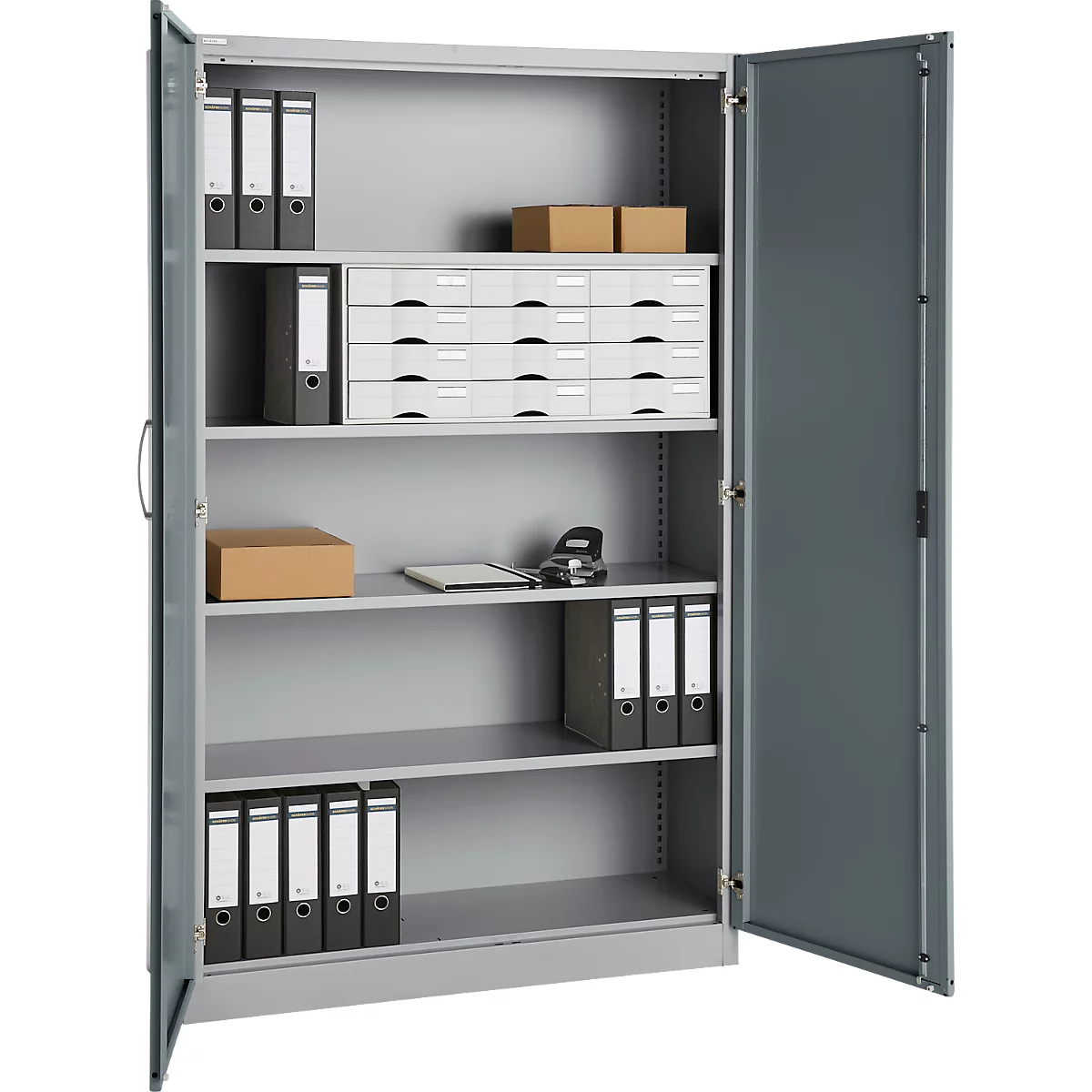 Büroschrank, 5 OH, abschließbar, mit aufliegenden Türen, B 1200 mm, Basaltgrau/Weißalu