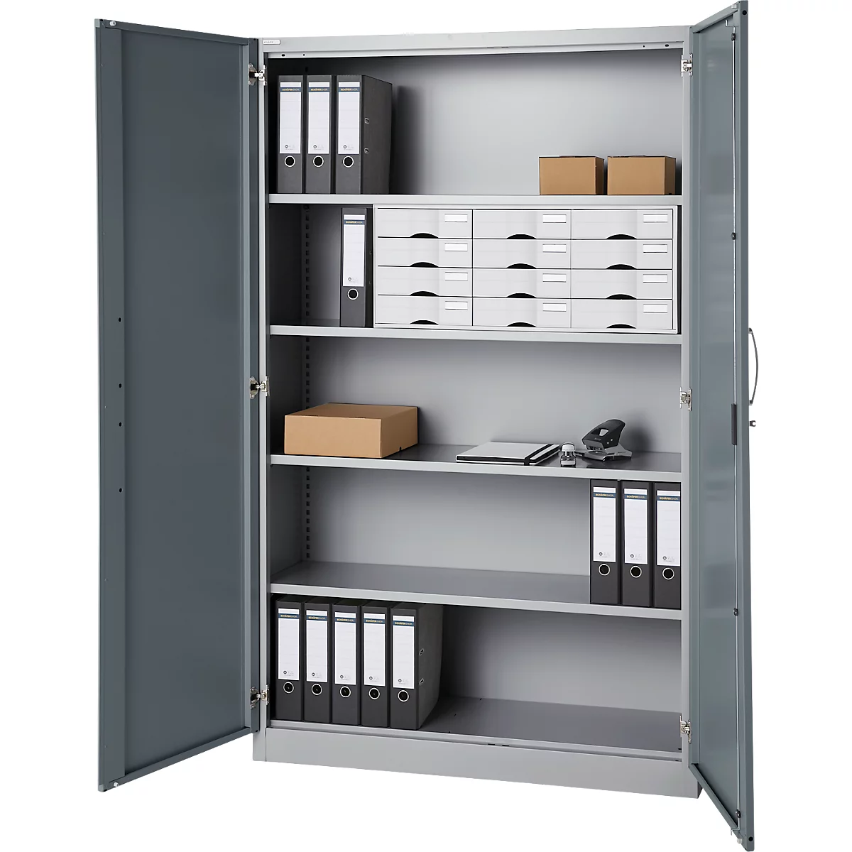 Büroschrank, 5 OH, abschließbar, mit aufliegenden Türen, B 1200 mm, Basaltgrau/Weißalu